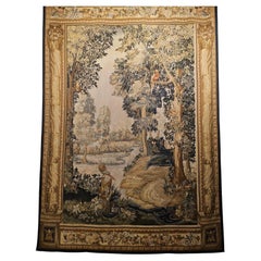Arazzo francese vintage di Aubusson, tessuto a mano in lana, con motivo boschivo, 183 cm x 244 cm