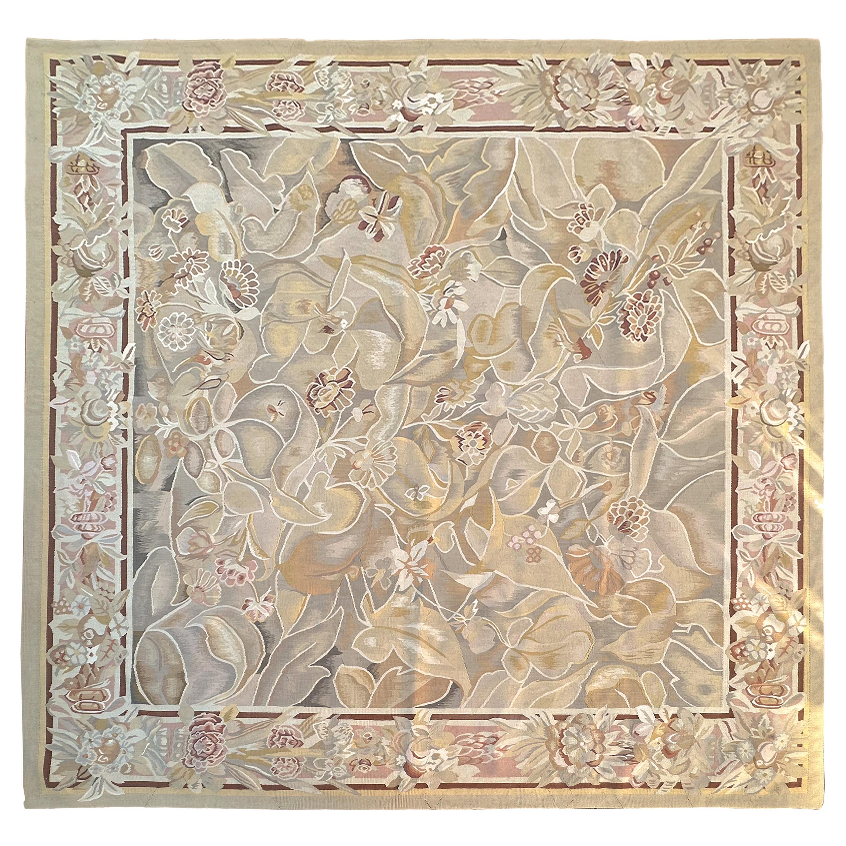 Vintage French Aubusson Tapestry Rug Art Nouveau Bold 9x9 Square 256cm x 285cm For Sale