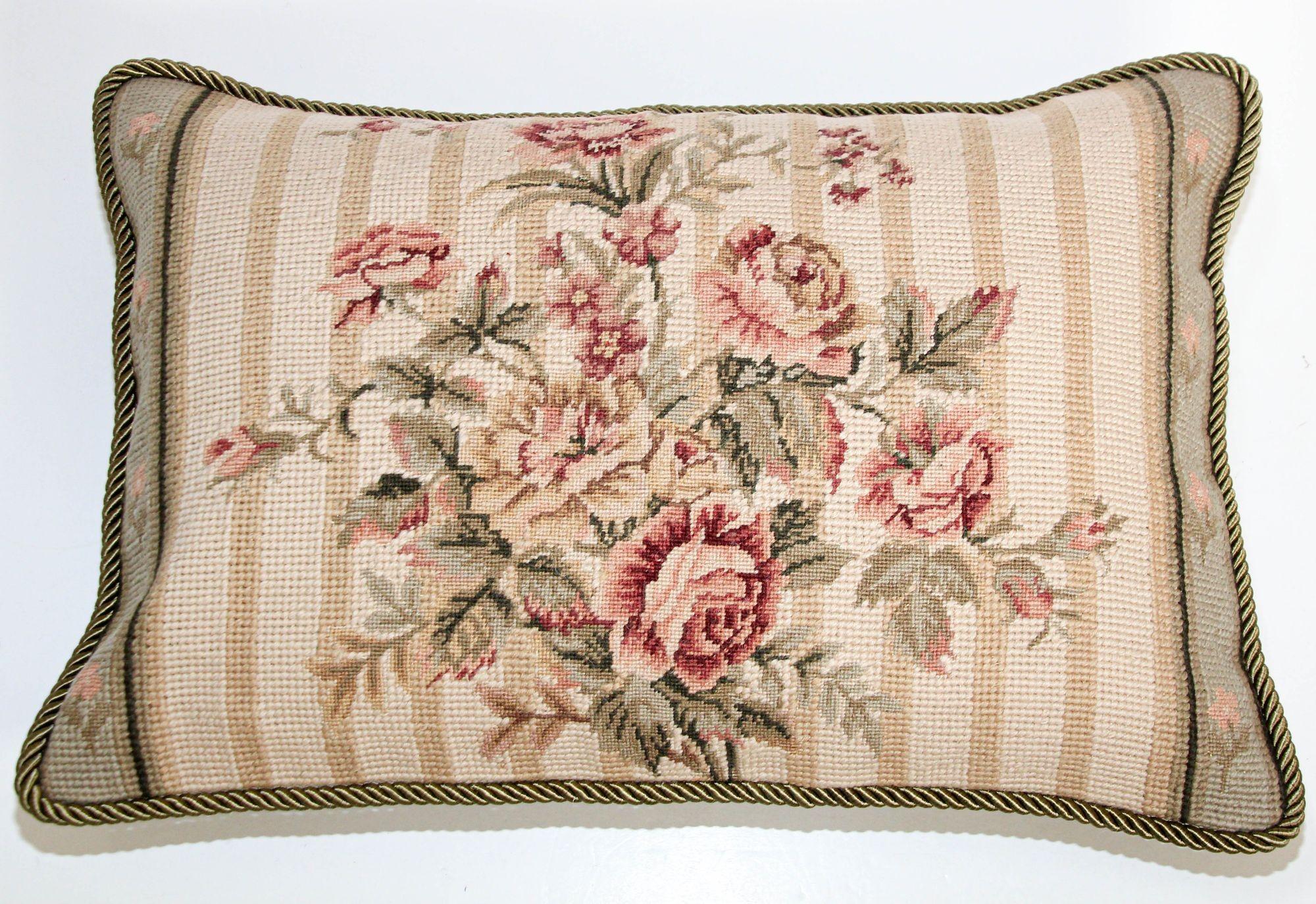 Vintage French Aubusson Tapestry Style Needlepoint Lumbar Pillow For Sale 4