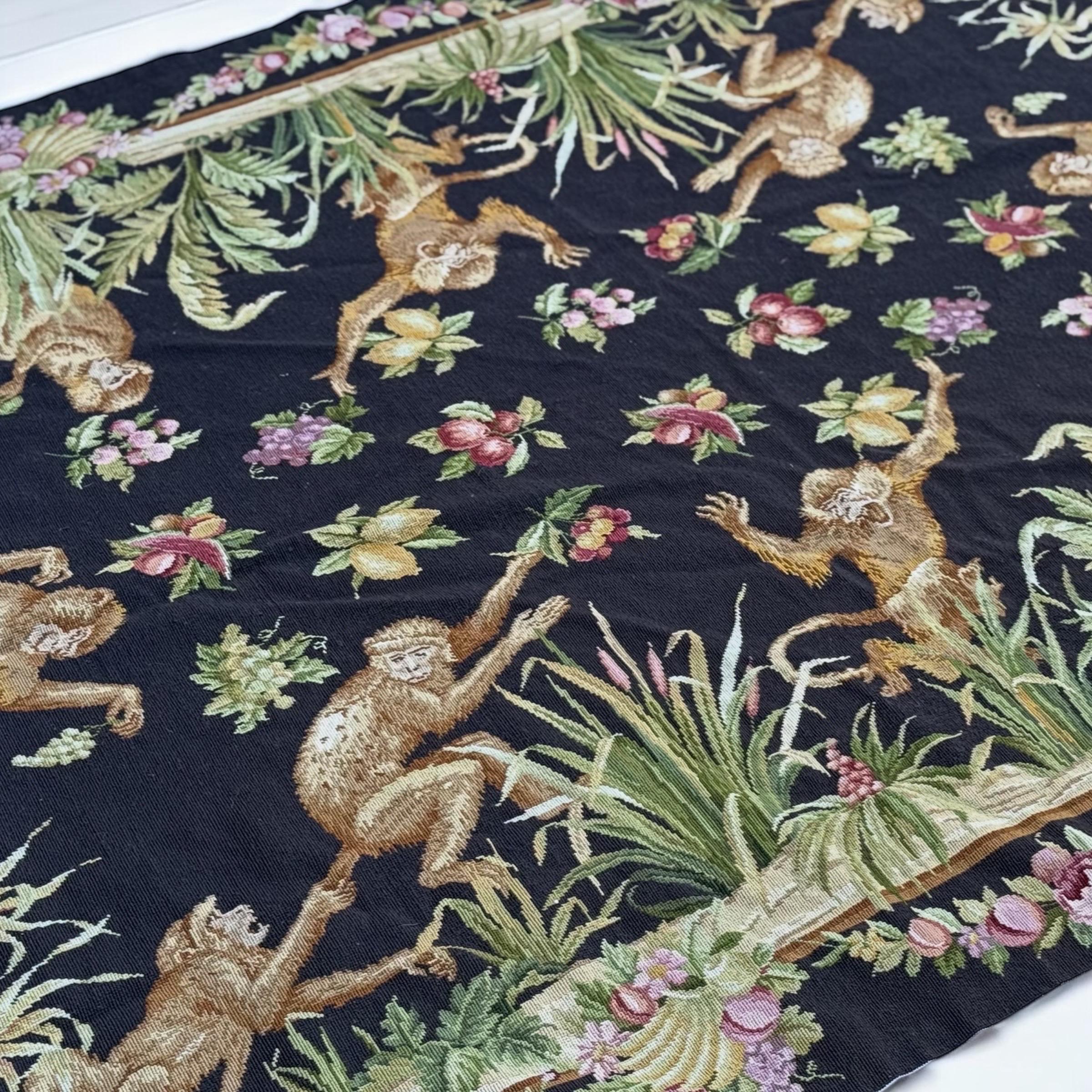 Vintage French Aubusson flat weave wool rug with a tropical fruit and flowers motif with monkeys! 
No stains, holes, tears, etc. Slightly off plumb. Ready for use.

103