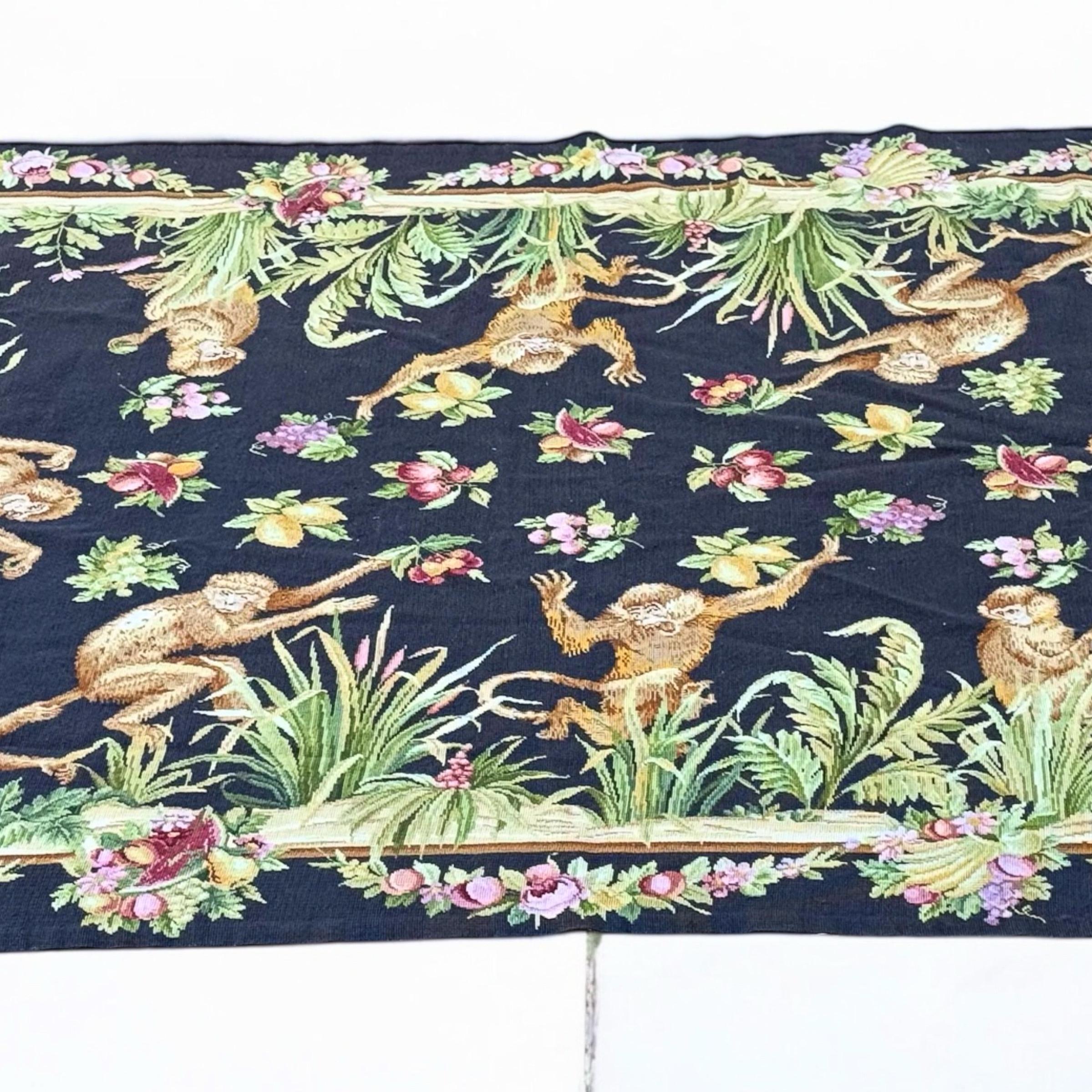 Hand-Knotted Vintage French Aubusson Wool Rug - Tropical Fruit & Flowers with Monkeys For Sale