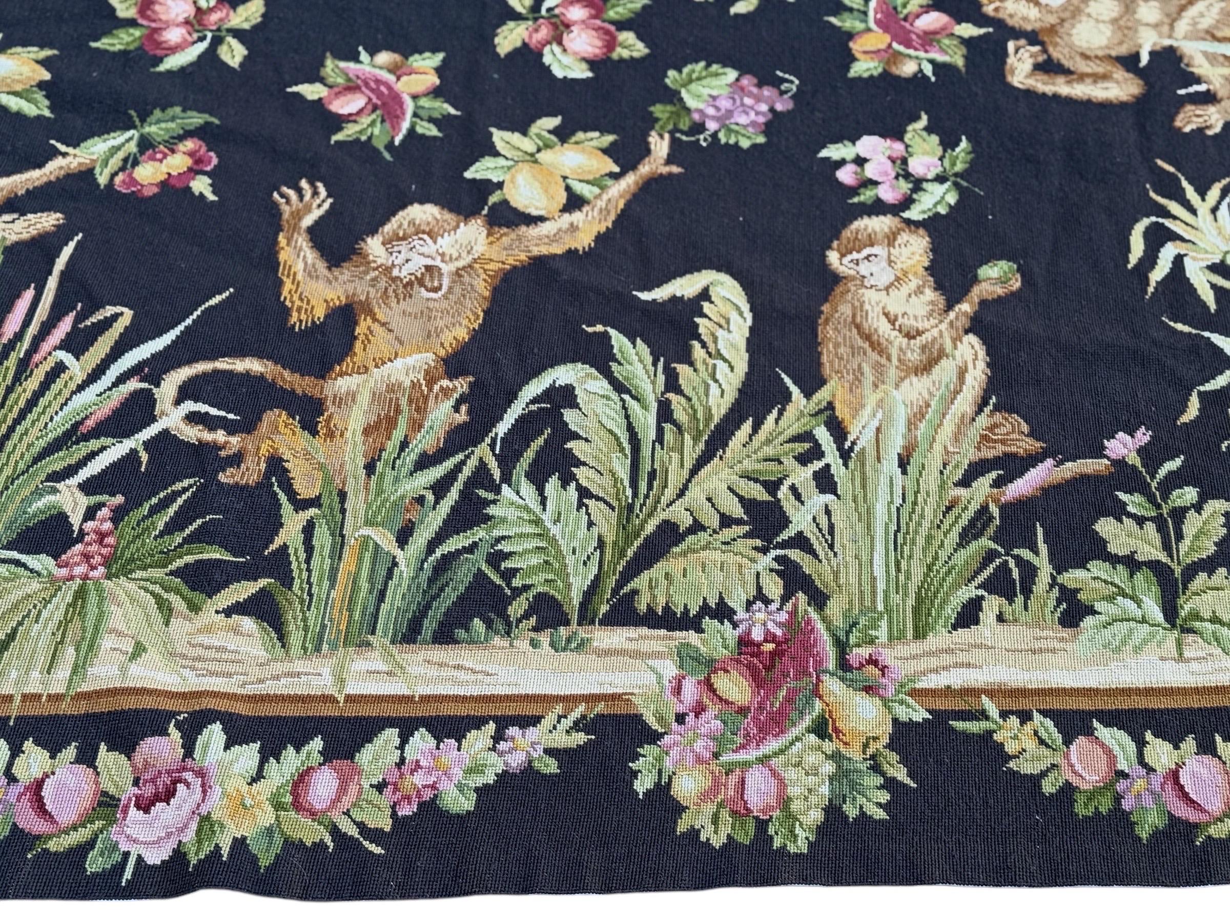 Vintage French Aubusson Wool Rug - Tropical Fruit & Flowers with Monkeys In Good Condition For Sale In Decatur, GA