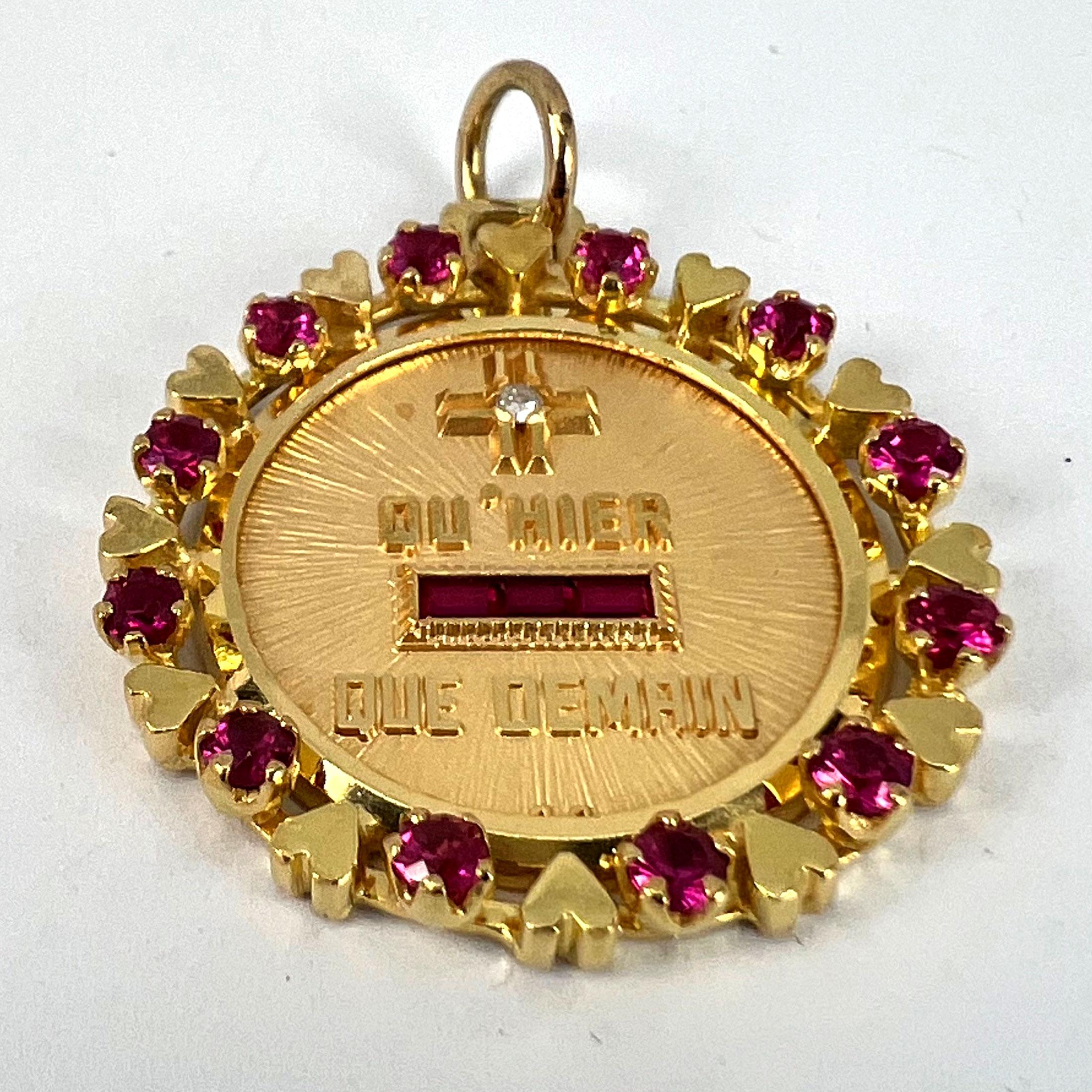 Vintage French Augis Plus Qu’Hier Heart Halo 18K Yellow Gold Love Medal Pendant For Sale 9