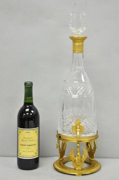 Vintage French Baccarat Style Bronze Swan & Cut Crystal Glass Liquor Decanter