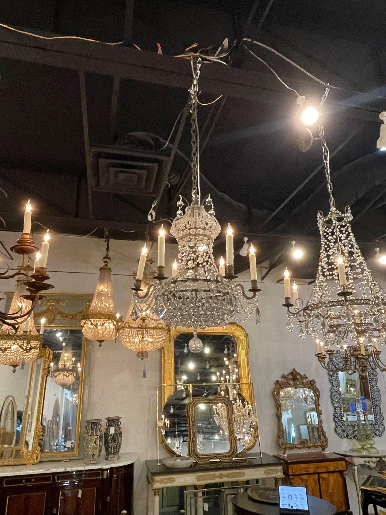 Vintage French Bagues Manner Bronze and Beaded 6 Light Chandelier In Good Condition For Sale In Dallas, TX