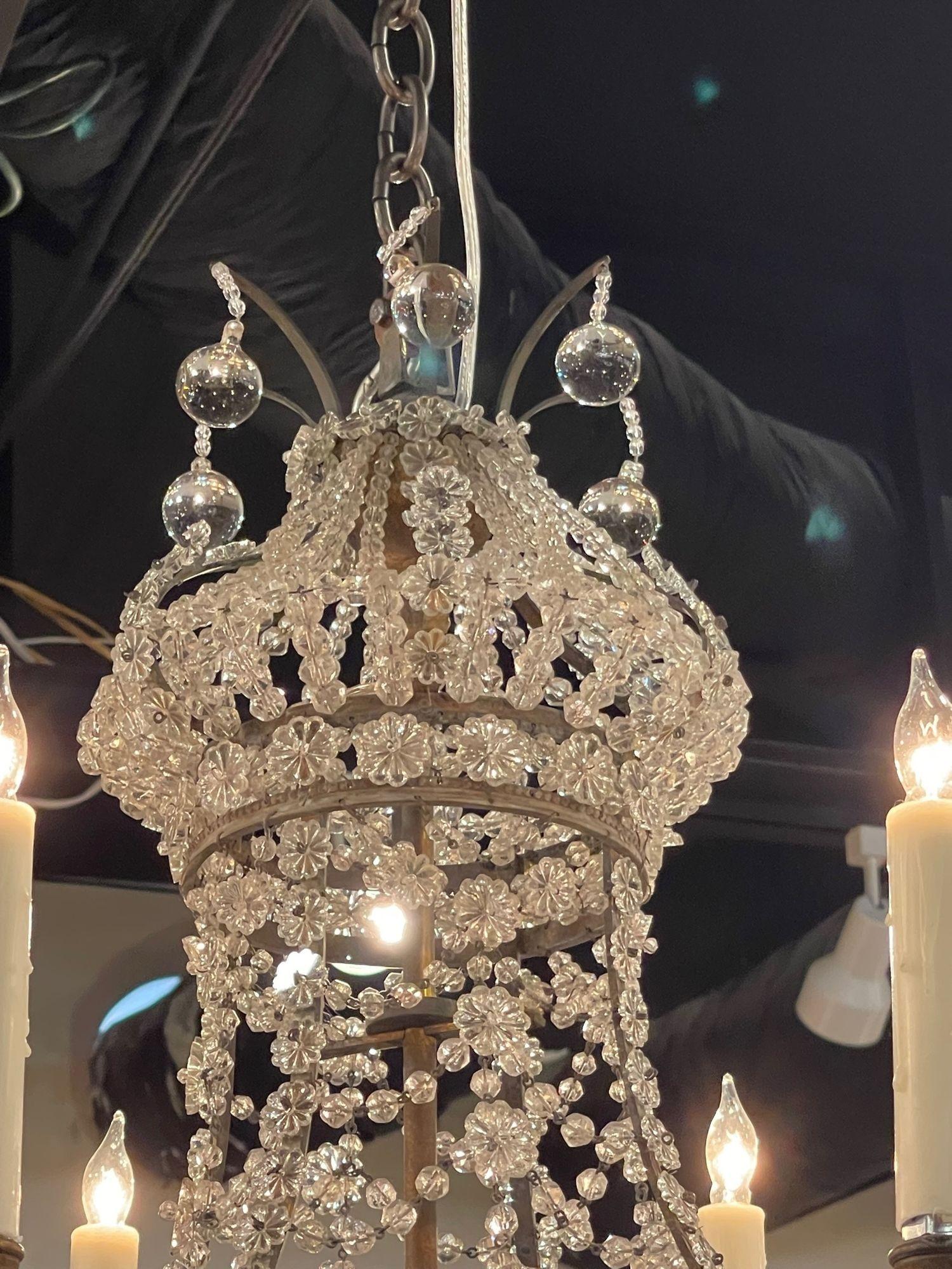 20th Century Vintage French Bagues Manner Bronze and Beaded 6 Light Chandelier For Sale
