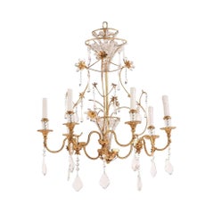 Vintage French Bagues Manner Gilt Iron and Crystal Chandelier