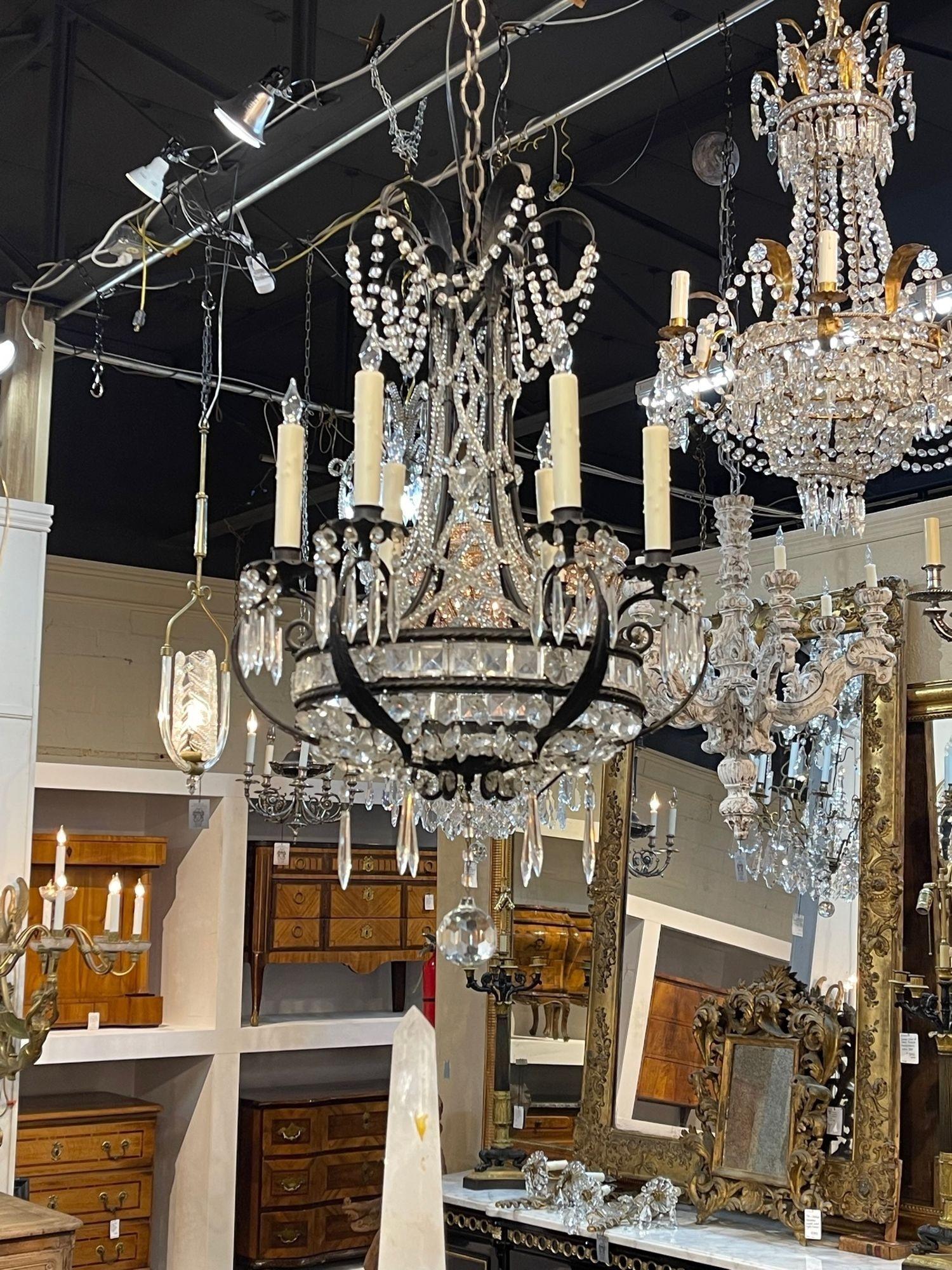 Vintage French Bagues Style Iron and Crystal 6 Light Chandelier In Good Condition For Sale In Dallas, TX