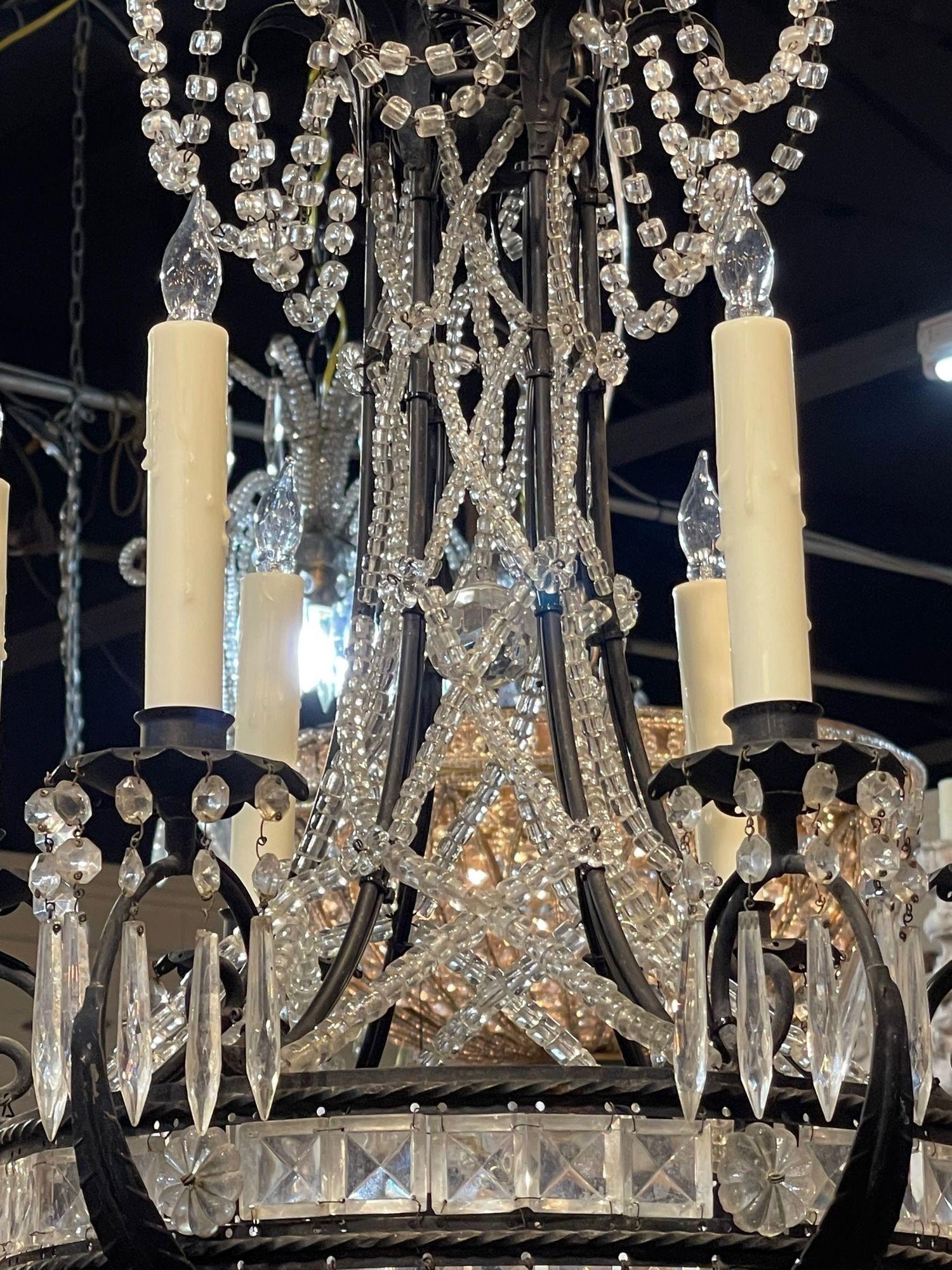20th Century Vintage French Bagues Style Iron and Crystal 6 Light Chandelier For Sale