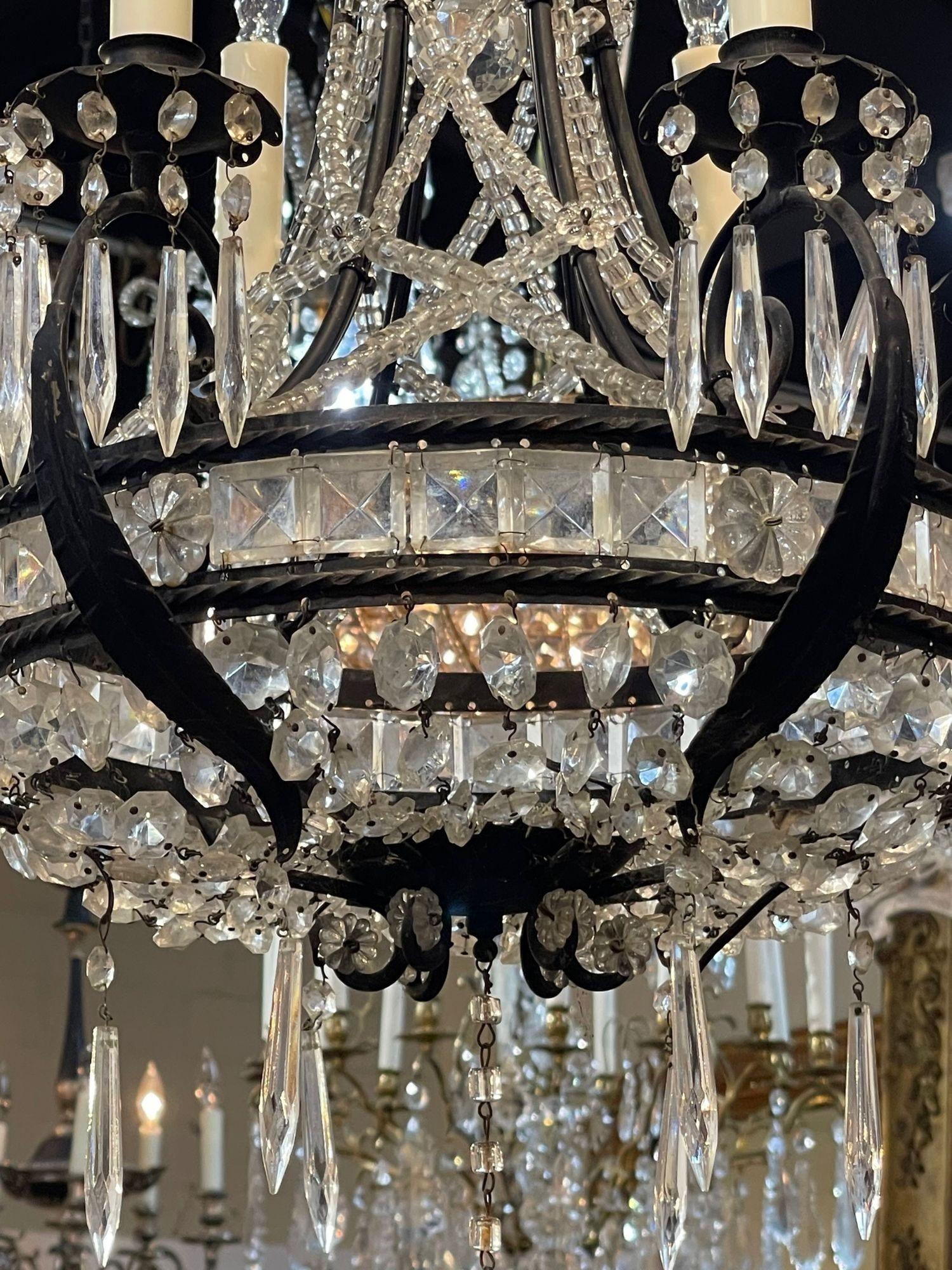 Vintage French Bagues Style Iron and Crystal 6 Light Chandelier For Sale 1