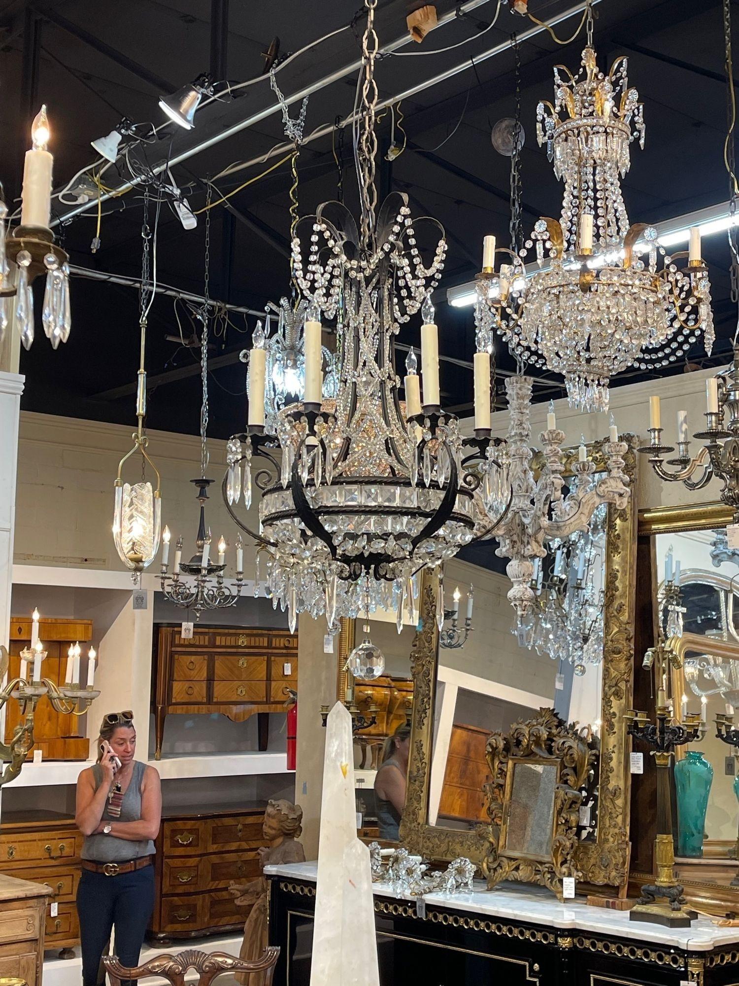 Vintage French Bagues Style Iron and Crystal 6 Light Chandelier For Sale 3