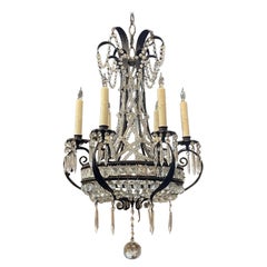 Vintage French Bagues Style Iron and Crystal 6 Light Chandelier