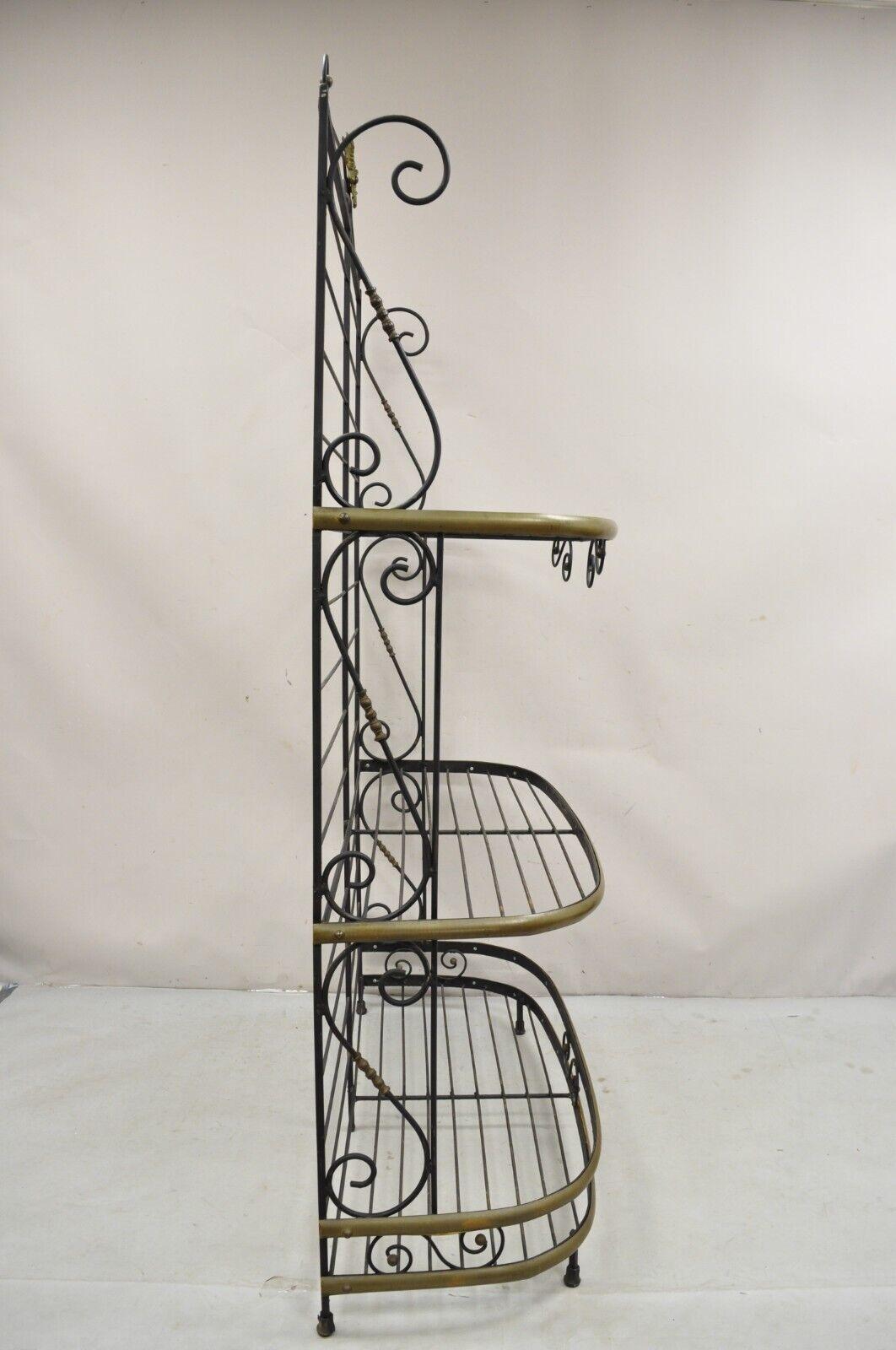 Vintage French Bakers Rack 3 Tier Scrolling Wrought Iron and Brass Etagere For Sale 5