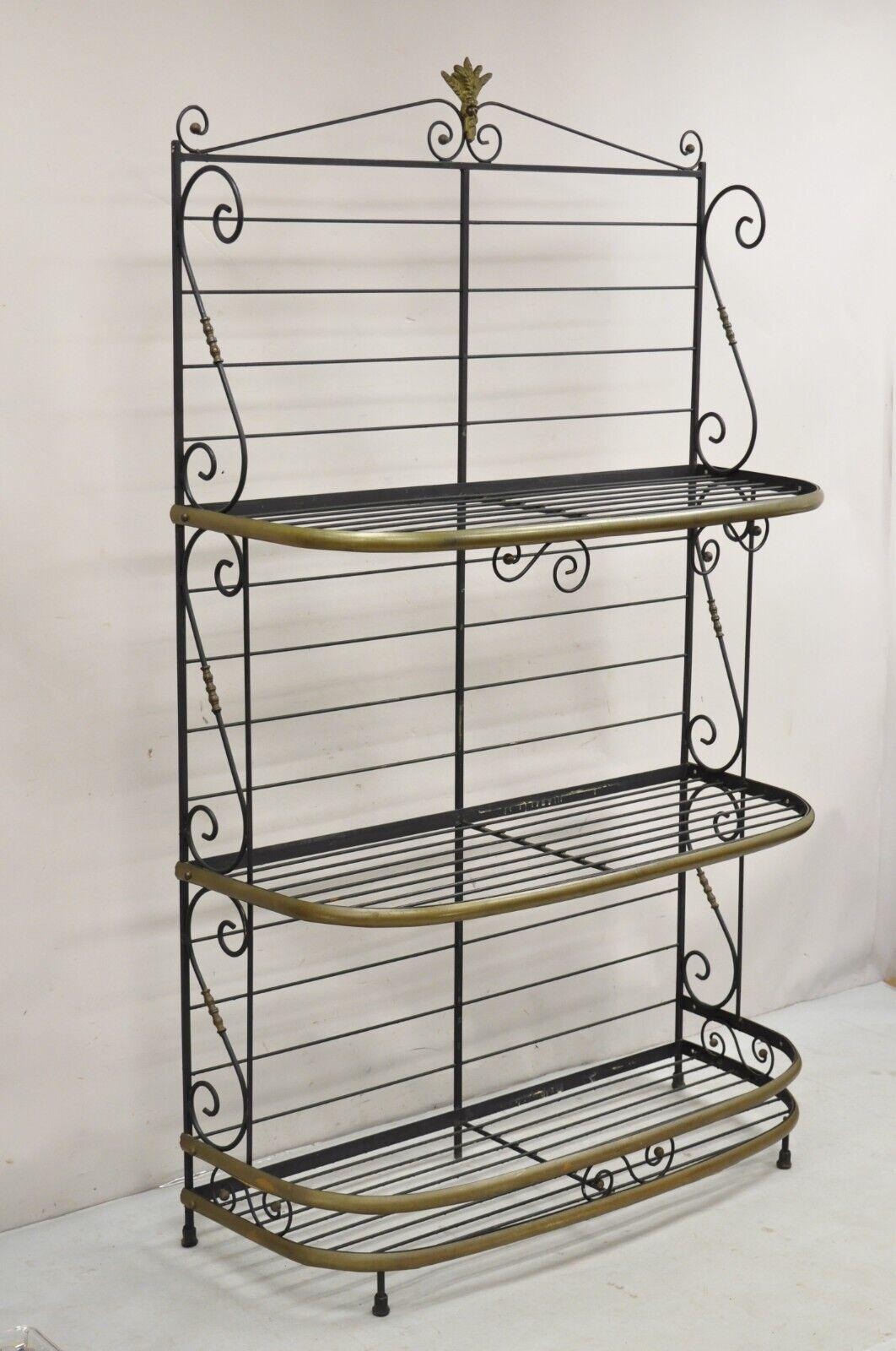 Vintage French Bakers Rack 3 Tier Scrolling Wrought Iron and Brass Etagere For Sale 7