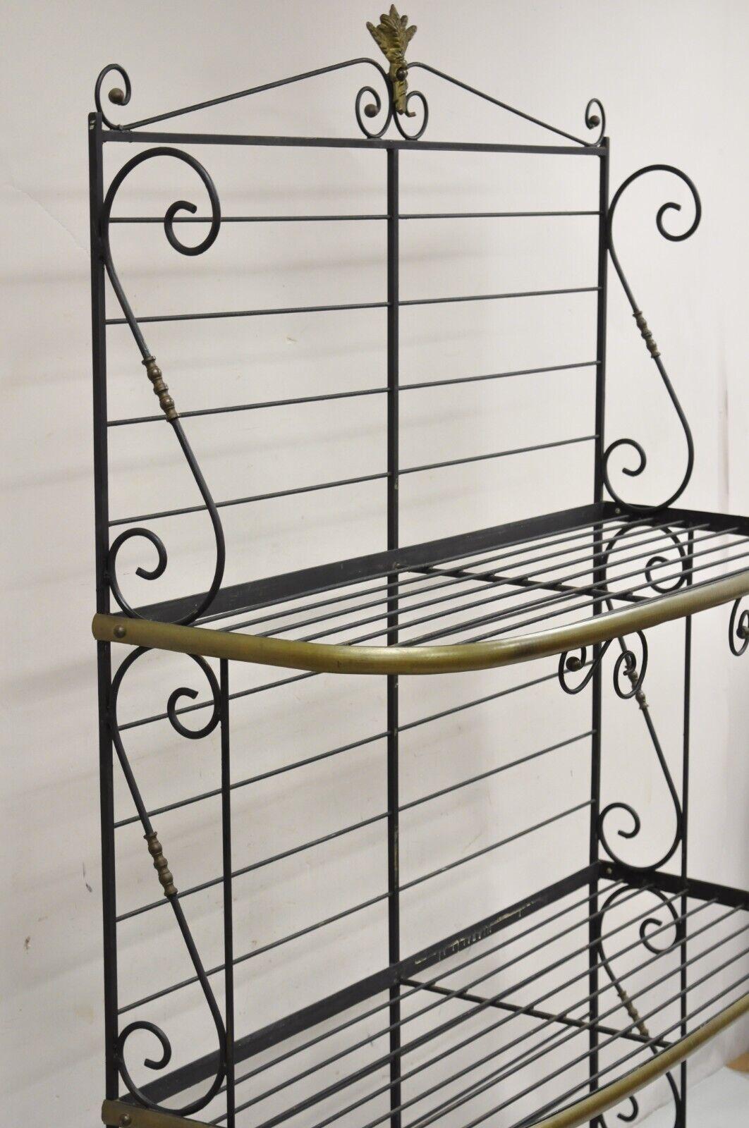 Country Vintage French Bakers Rack 3 Tier Scrolling Wrought Iron and Brass Etagere For Sale