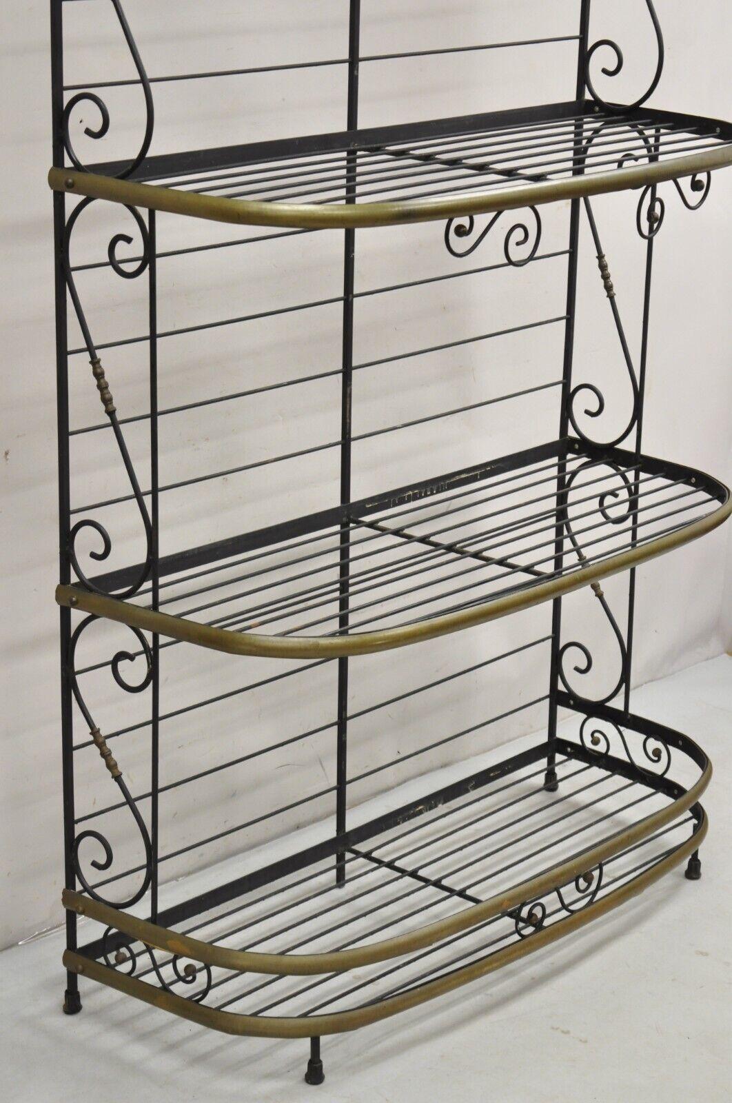 Vintage French Bakers Rack 3 Tier Scrolling Wrought Iron and Brass Etagere In Good Condition For Sale In Philadelphia, PA
