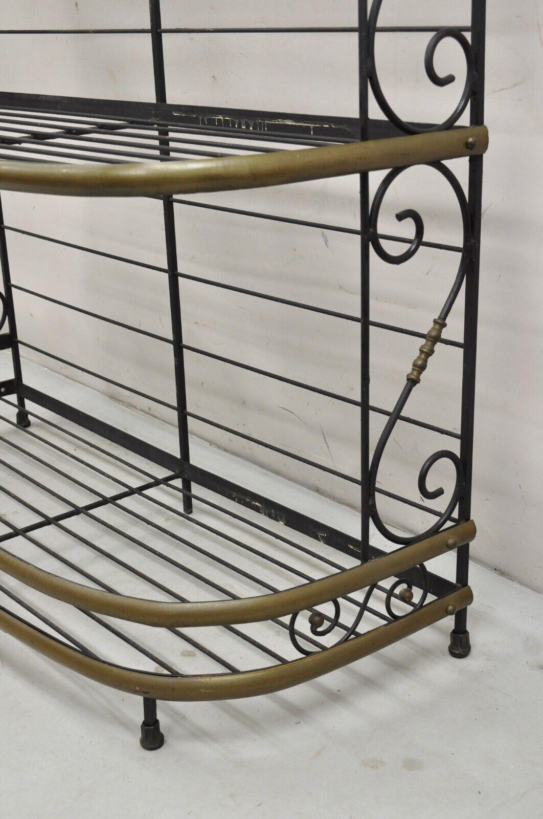 Vintage French Bakers Rack 3 Tier Scrolling Wrought Iron and Brass Etagere For Sale 4