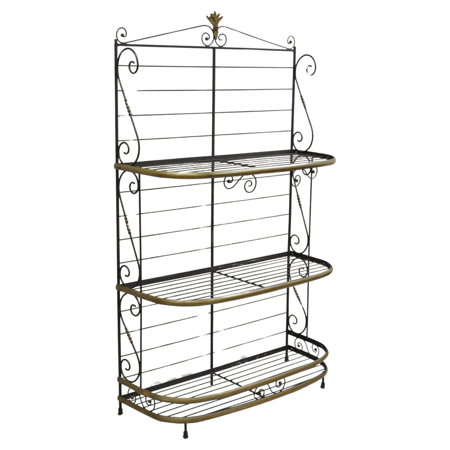 Vintage French Bakers Rack 3 Tier Scrolling Wrought Iron and Brass Etagere For Sale