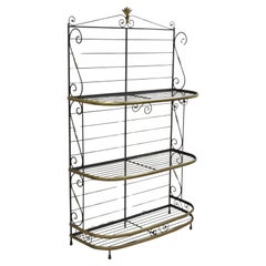 Antique French Bakers Rack 3 Tier Scrolling Wrought Iron and Brass Etagere