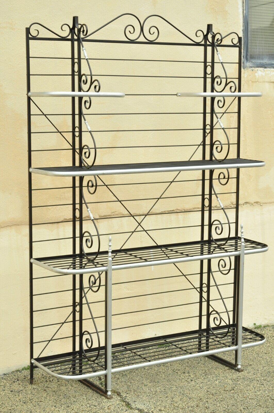 Vintage French Bakers Rack 4 Tier Scrolling Wrought Iron Dark Brown & Silver Etagere. Circa Mid 20th Century. Measurements: 86