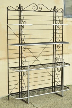 Vintage French Bakers Rack 4 Tier Scrolling Wrought Iron Brown & Silver Etagere