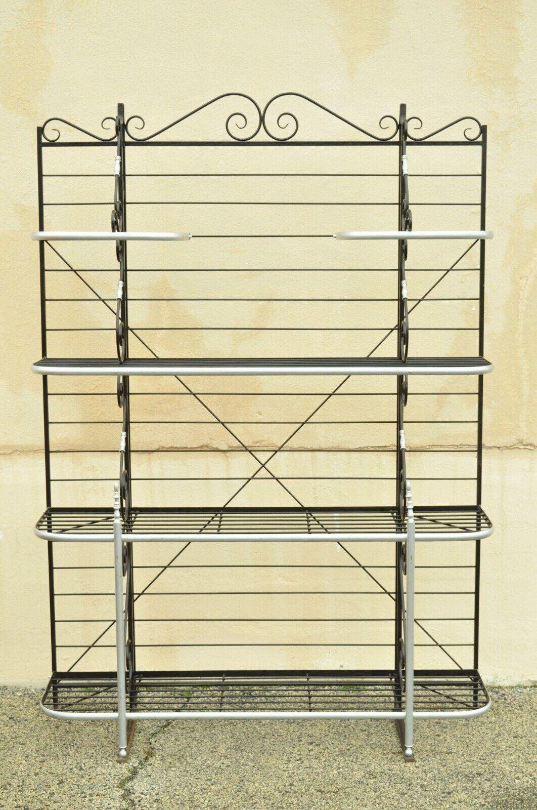 French Provincial Vintage French Bakers Rack 4 Tier Scrolling Wrought Iron Brown & Silver Etagere