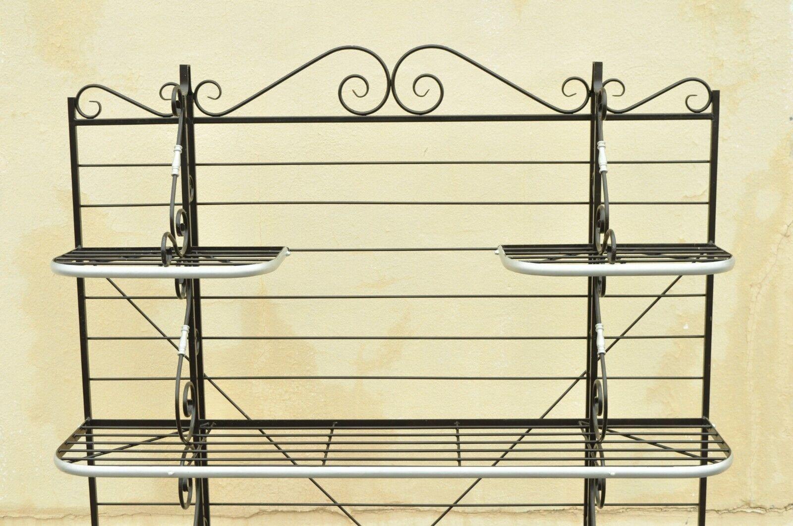 Vintage French Bakers Rack 4 Tier Scrolling Wrought Iron Brown & Silver Etagere In Good Condition In Philadelphia, PA