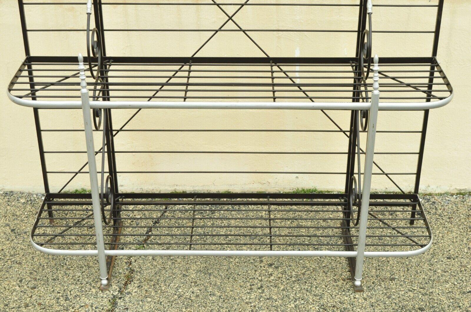 Vintage French Bakers Rack 4 Tier Scrolling Wrought Iron Brown & Silver Etagere 1