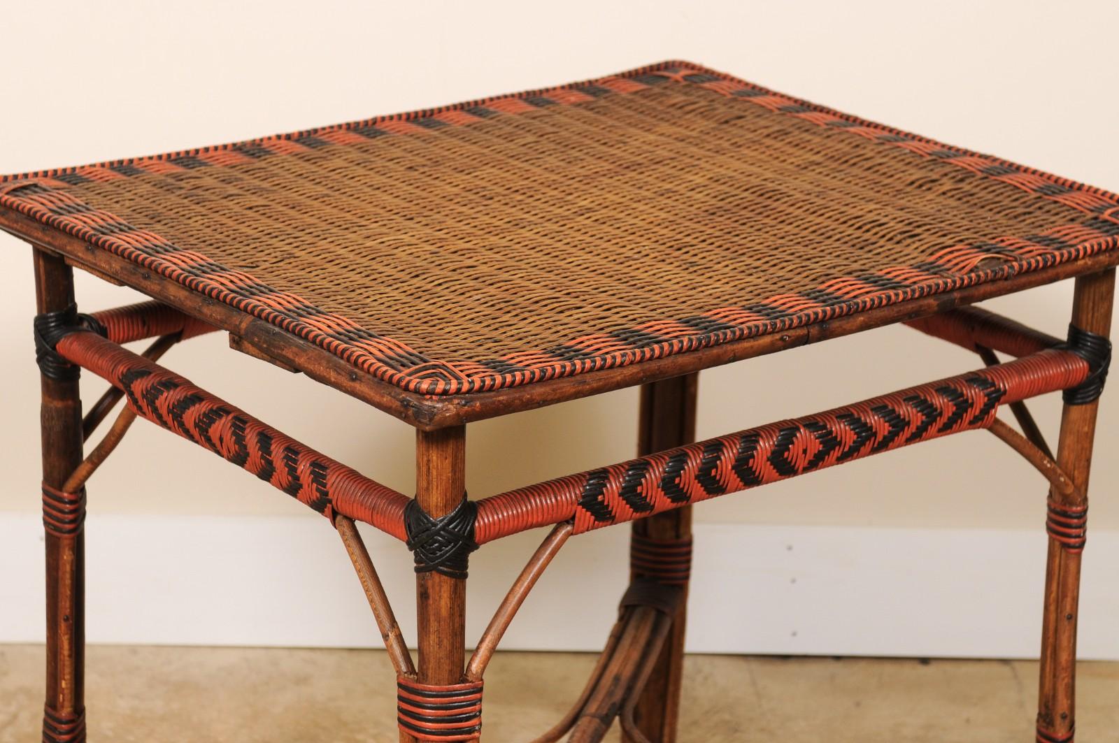 Vintage French Bamboo and Rattan Rectangular Bistro Table Black Red Accents For Sale 4