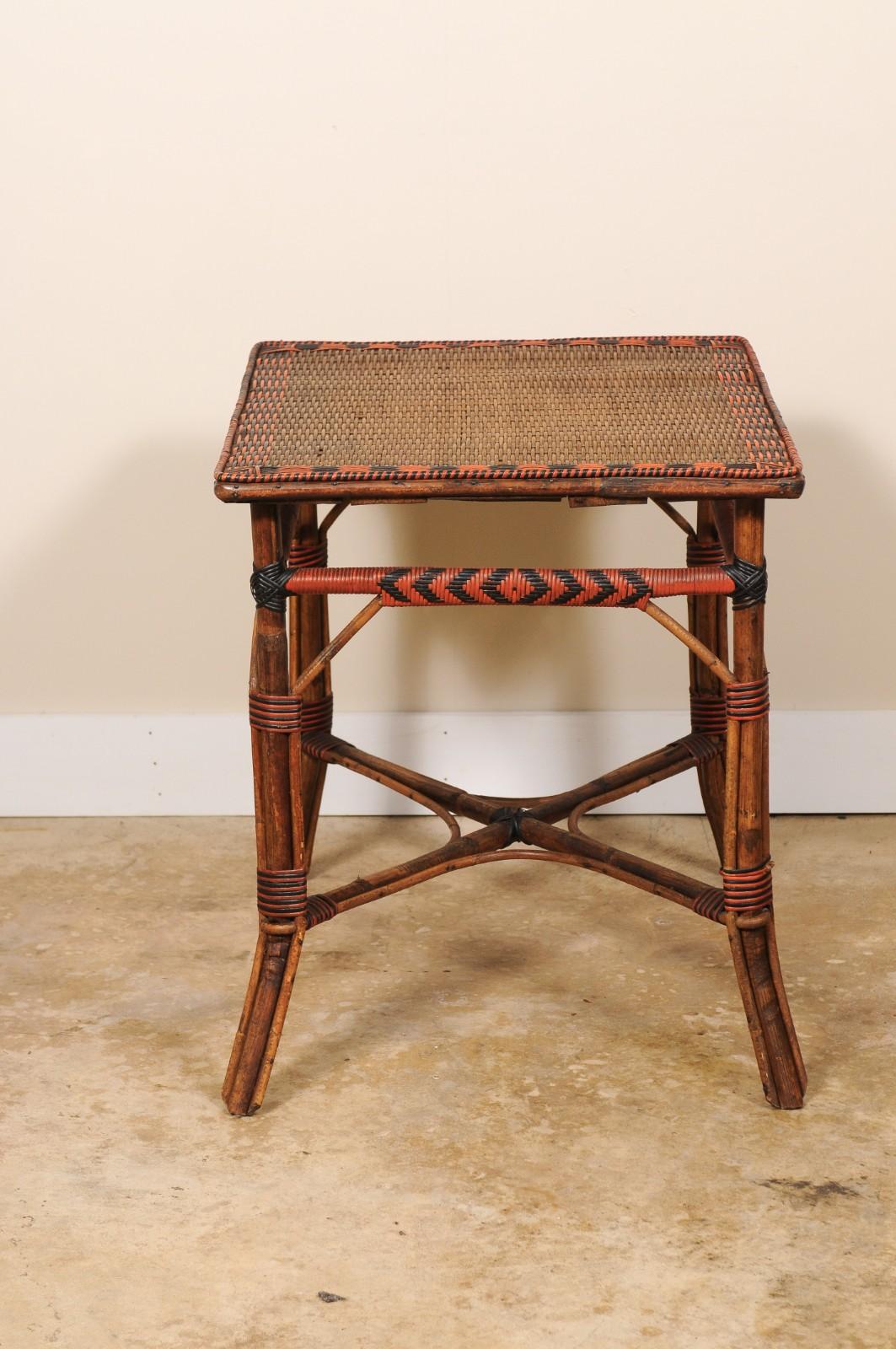 Vintage French Bamboo and Rattan Rectangular Bistro Table Black Red Accents For Sale 5