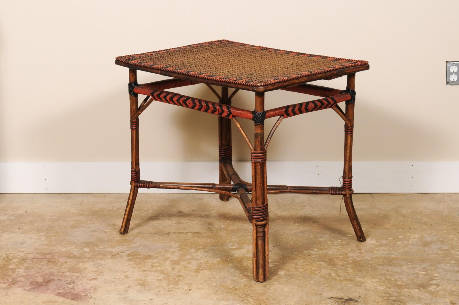 Vintage French Bamboo and Rattan Rectangular Bistro Table Black Red Accents For Sale 6