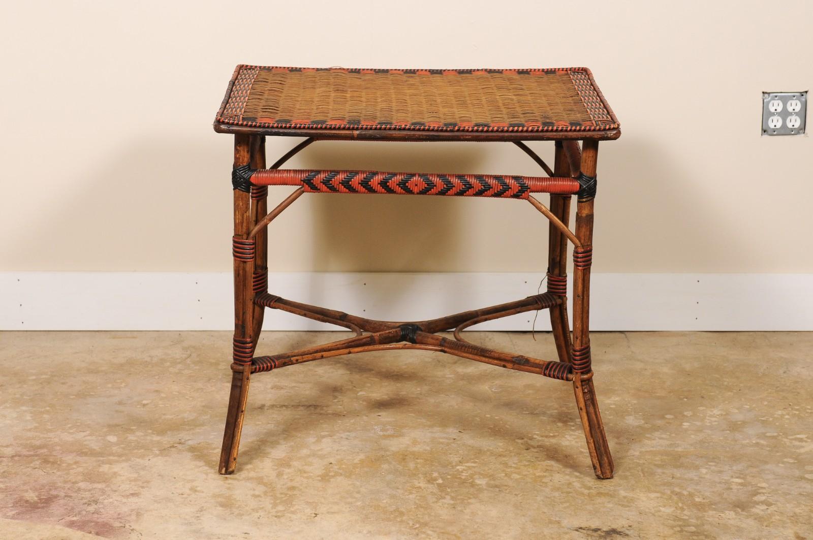 Vintage French Bamboo and Rattan Rectangular Bistro Table Black Red Accents For Sale 7