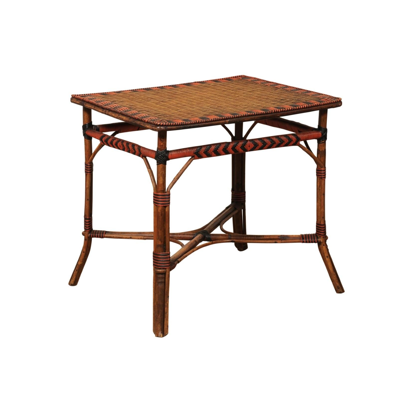 Vintage French Bamboo and Rattan Rectangular Bistro Table Black Red Accents For Sale 8
