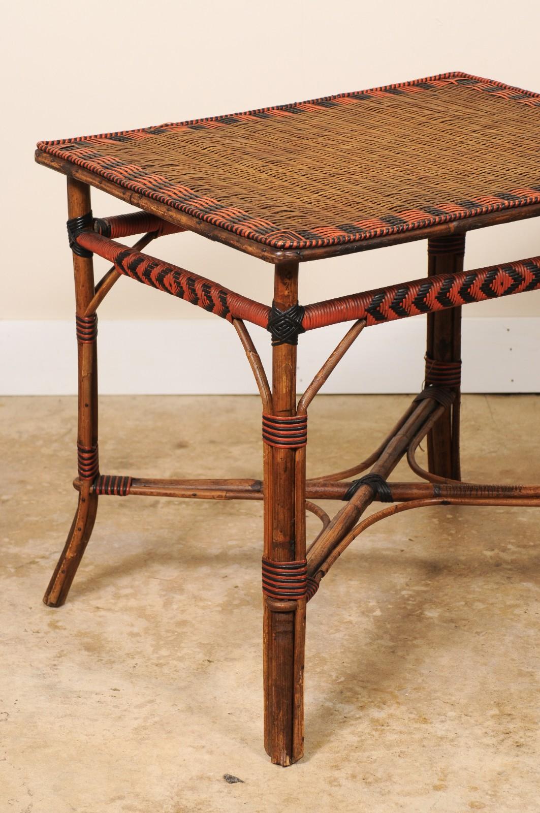 Mid-Century Modern Vintage French Bamboo and Rattan Rectangular Bistro Table Black Red Accents For Sale