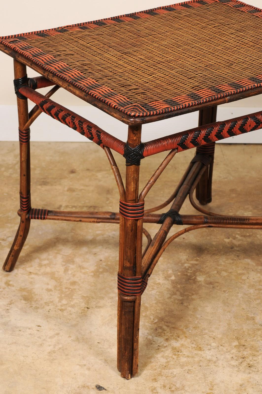 Vintage French Bamboo and Rattan Rectangular Bistro Table Black Red Accents In Good Condition For Sale In Atlanta, GA