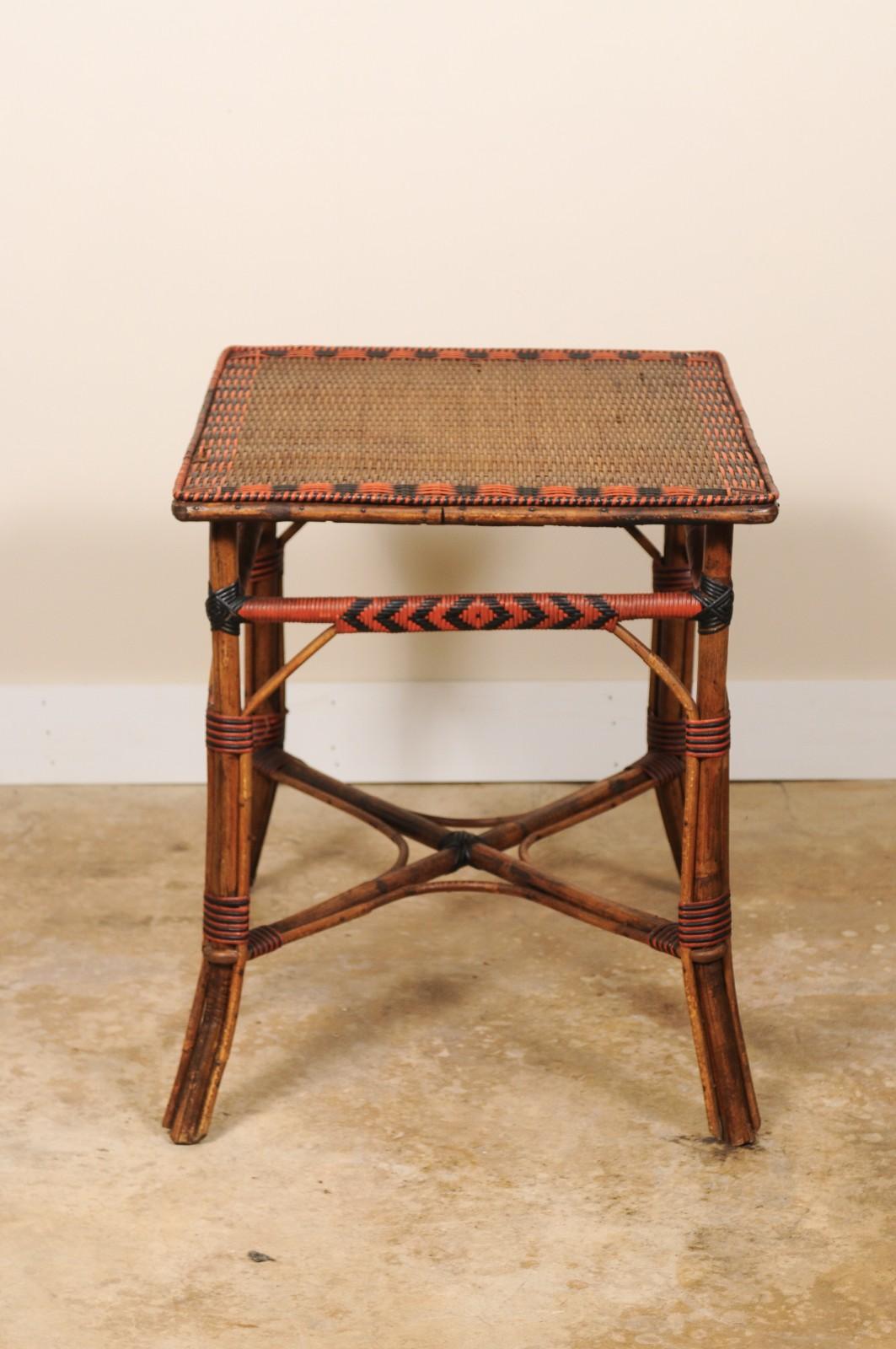Mid-20th Century Vintage French Bamboo and Rattan Rectangular Bistro Table Black Red Accents For Sale