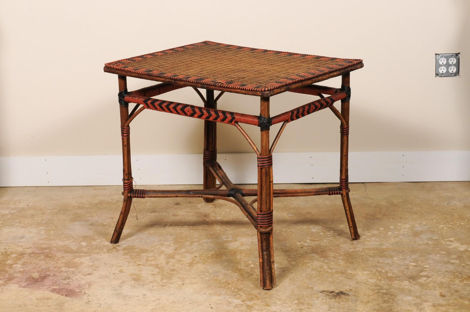 Vintage French Bamboo and Rattan Rectangular Bistro Table Black Red Accents For Sale 1