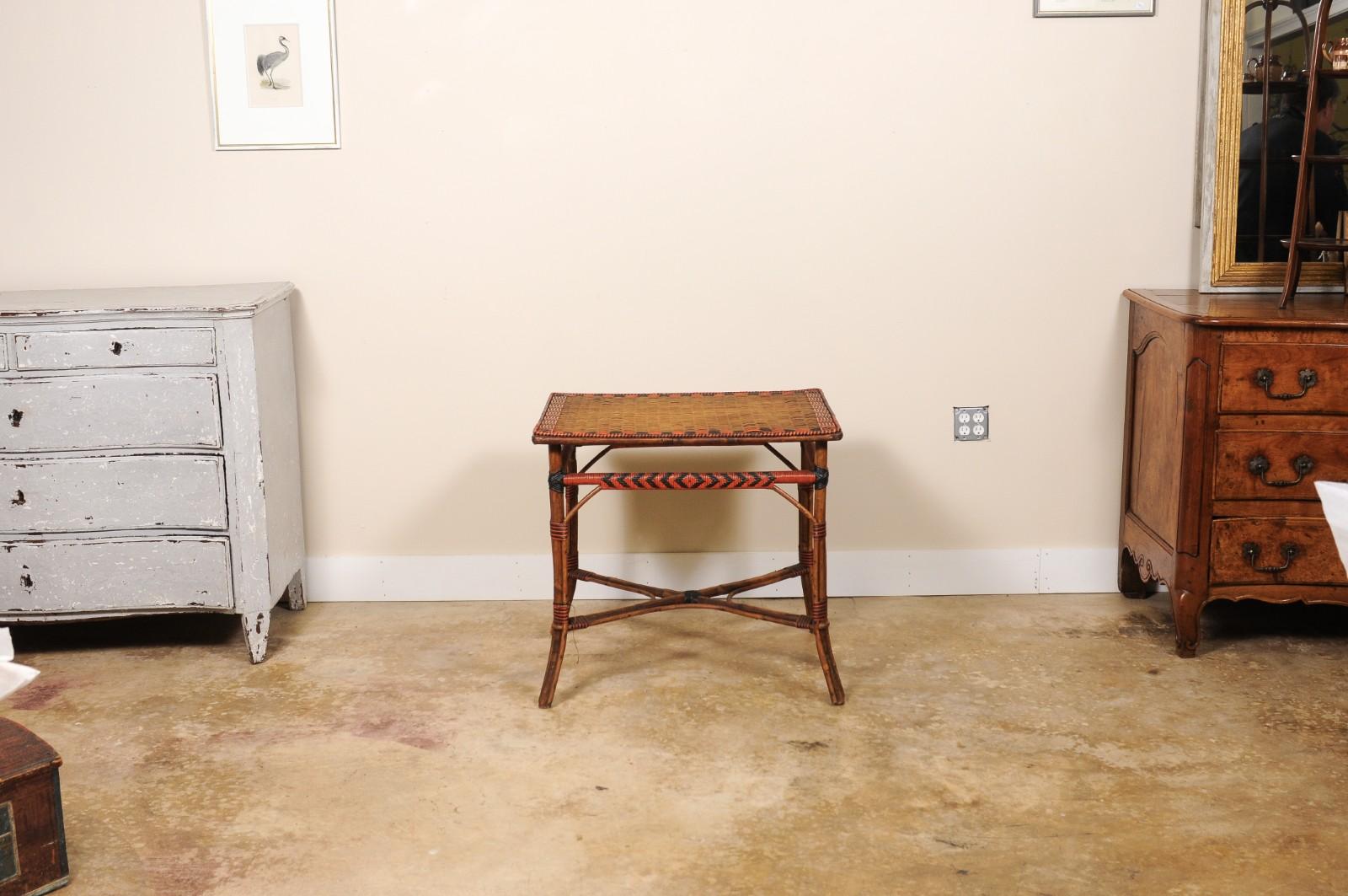 Vintage French Bamboo and Rattan Rectangular Bistro Table Black Red Accents For Sale 2