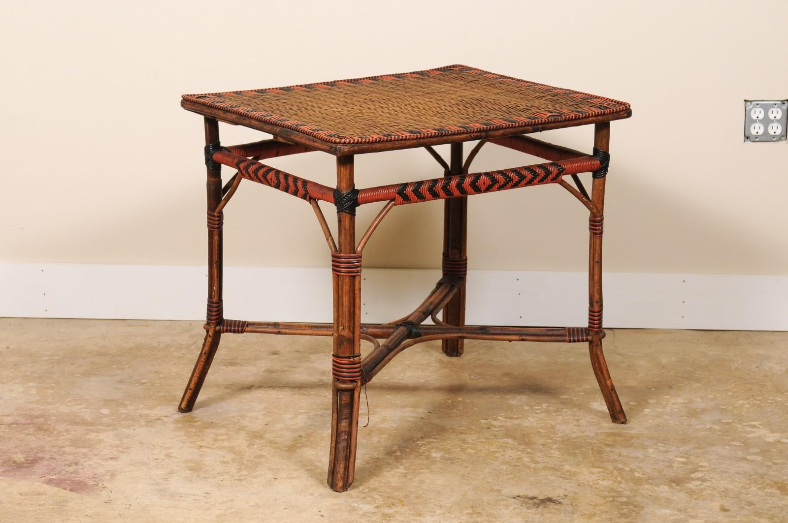 Vintage French Bamboo and Rattan Rectangular Bistro Table Black Red Accents For Sale 3