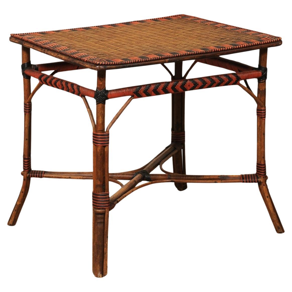 Rechteckiger französischer Bistrotisch aus Bambus und Rattan mit schwarzen und roten Akzenten, Vintage