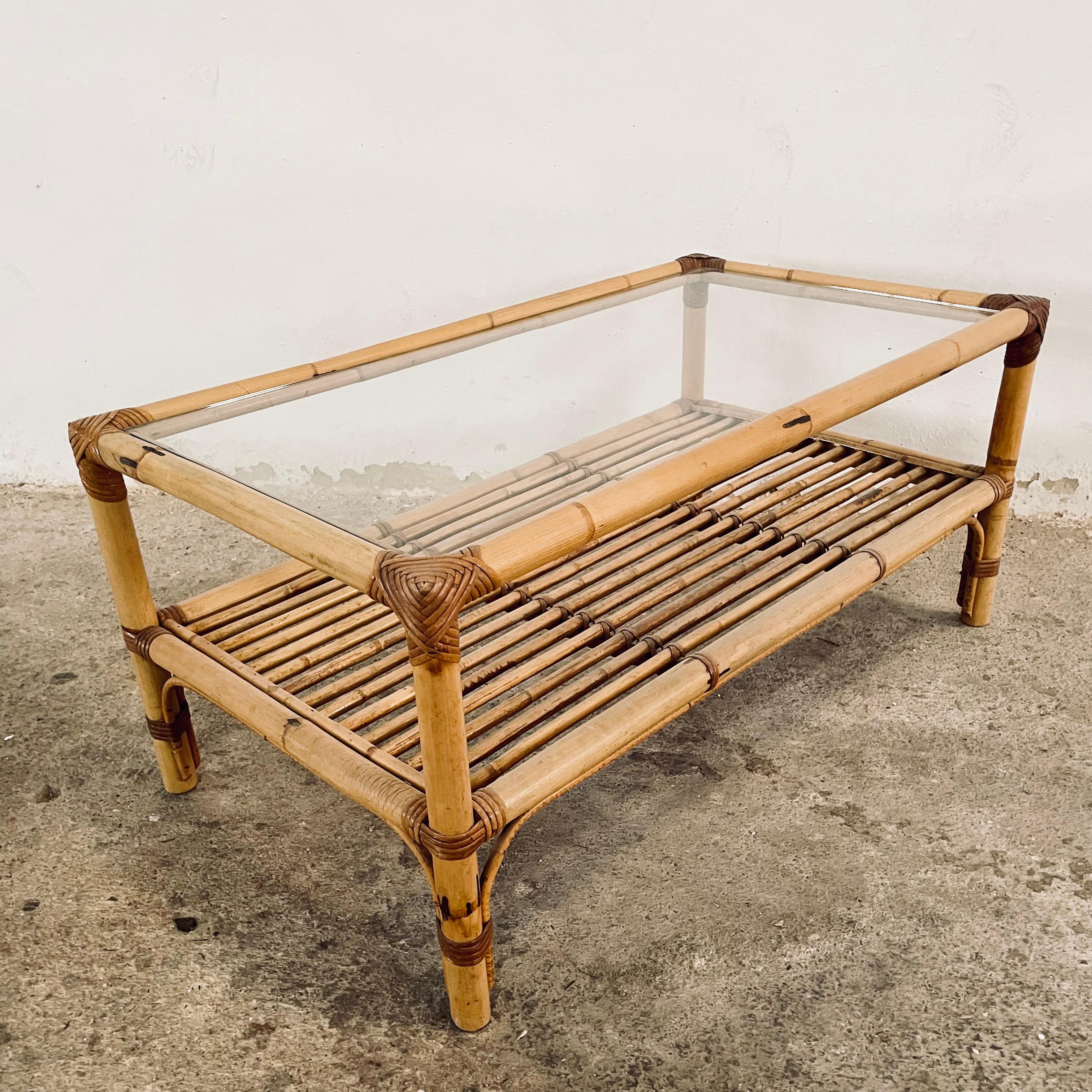 Vintage French Bamboo Coffee Table with Glass Top For Sale 3