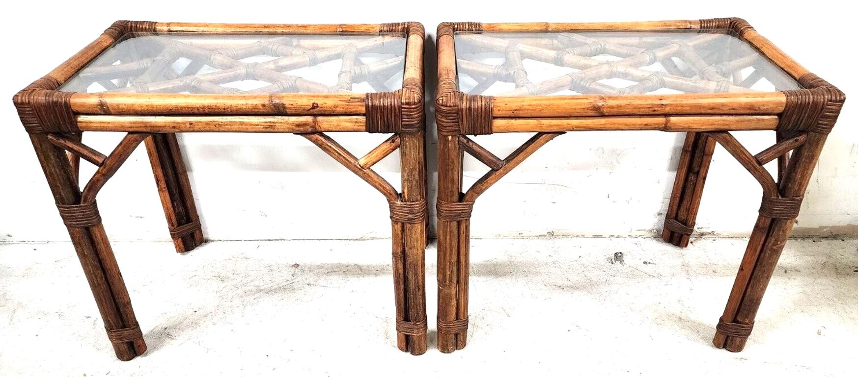 For FULL item description be sure to click on CONTINUE READING at the bottom of this listing.


Offering one of our recent Palm Beach Estate fine furniture acquisitions of a.
Pair of Vintage 1960s French bamboo rattan glass side tables. 

This