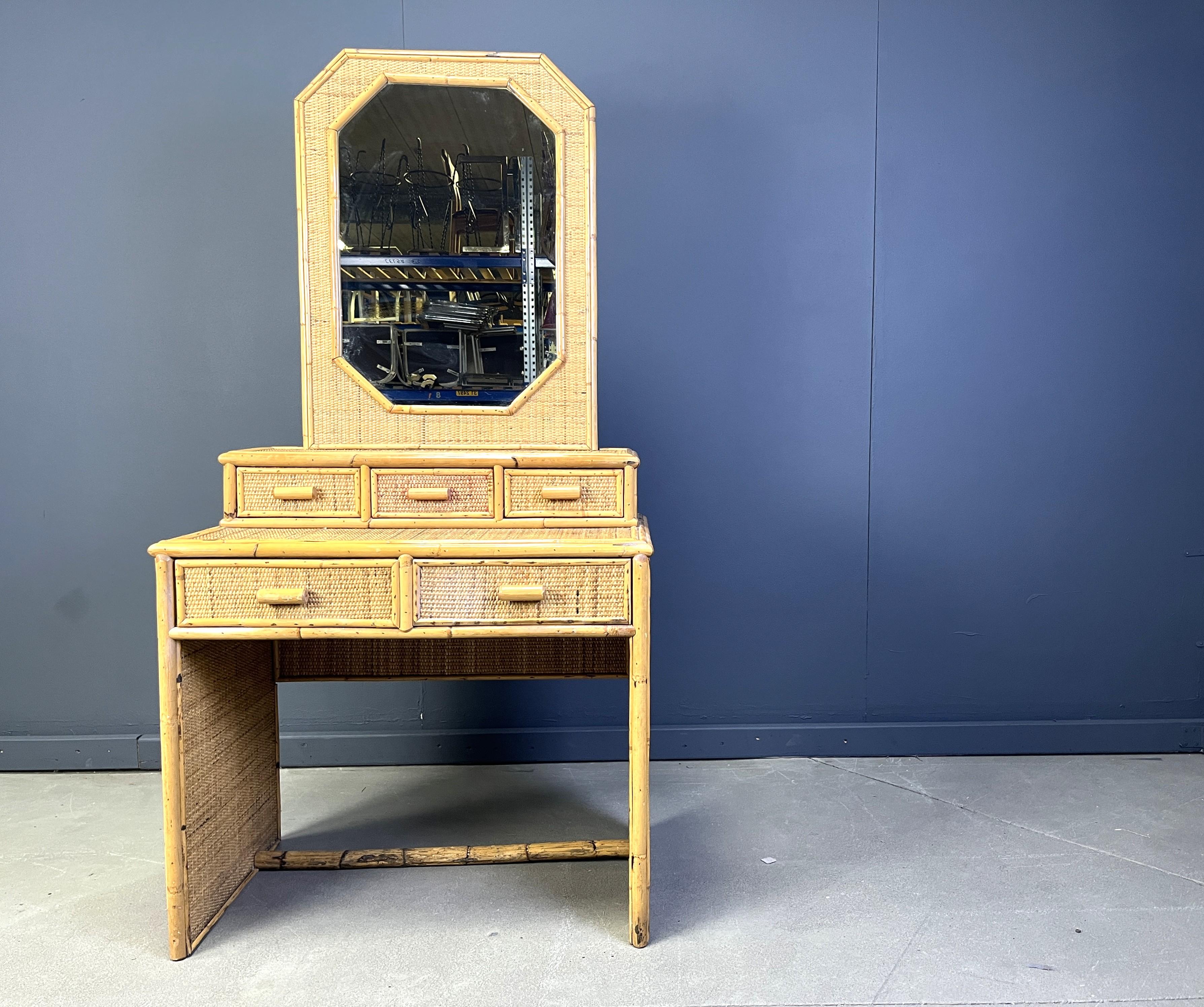 Vintage french bamboo vanity table with mirror, 1960s For Sale 3