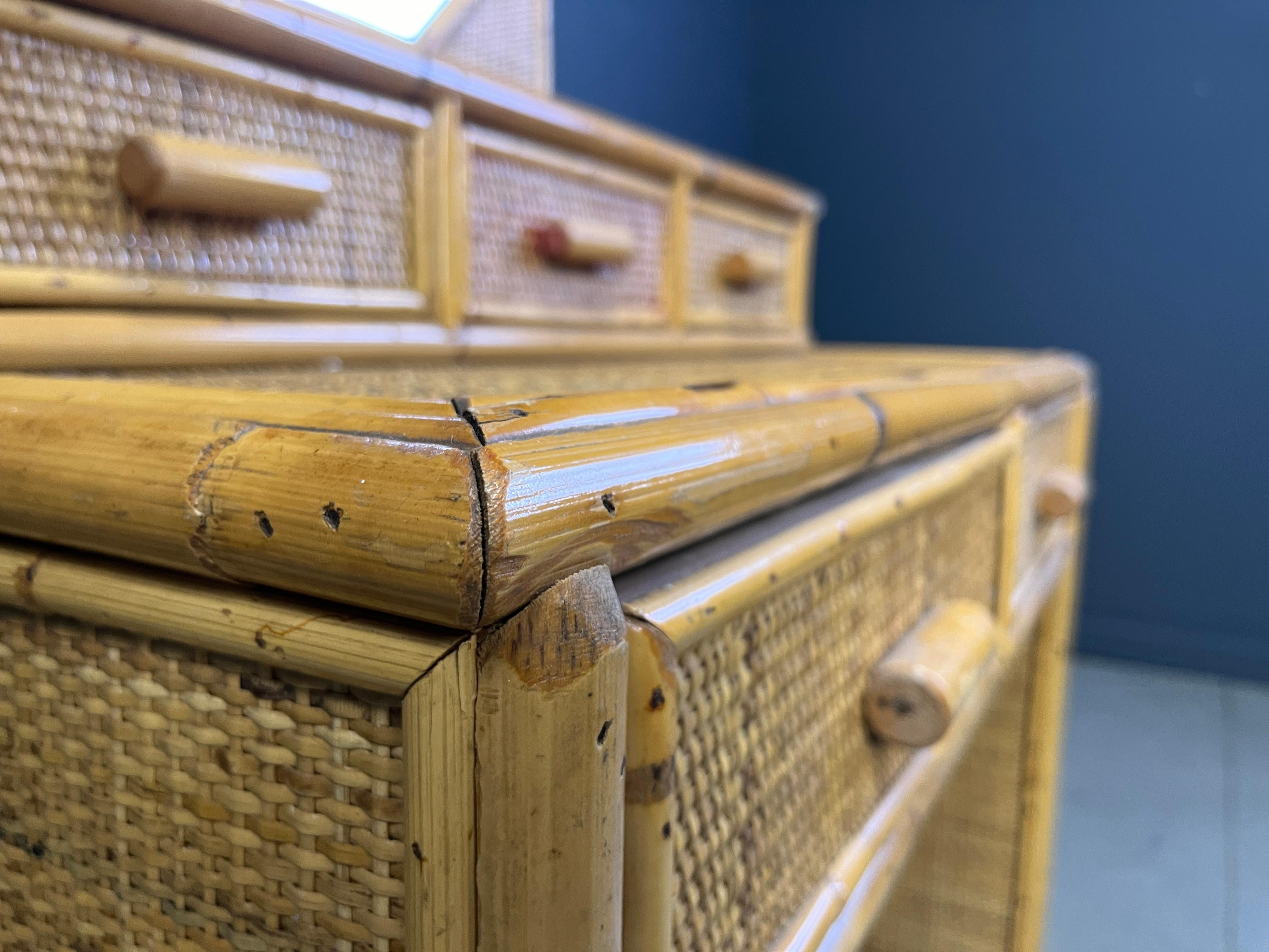 Bohemian Vintage french bamboo vanity table with mirror, 1960s For Sale