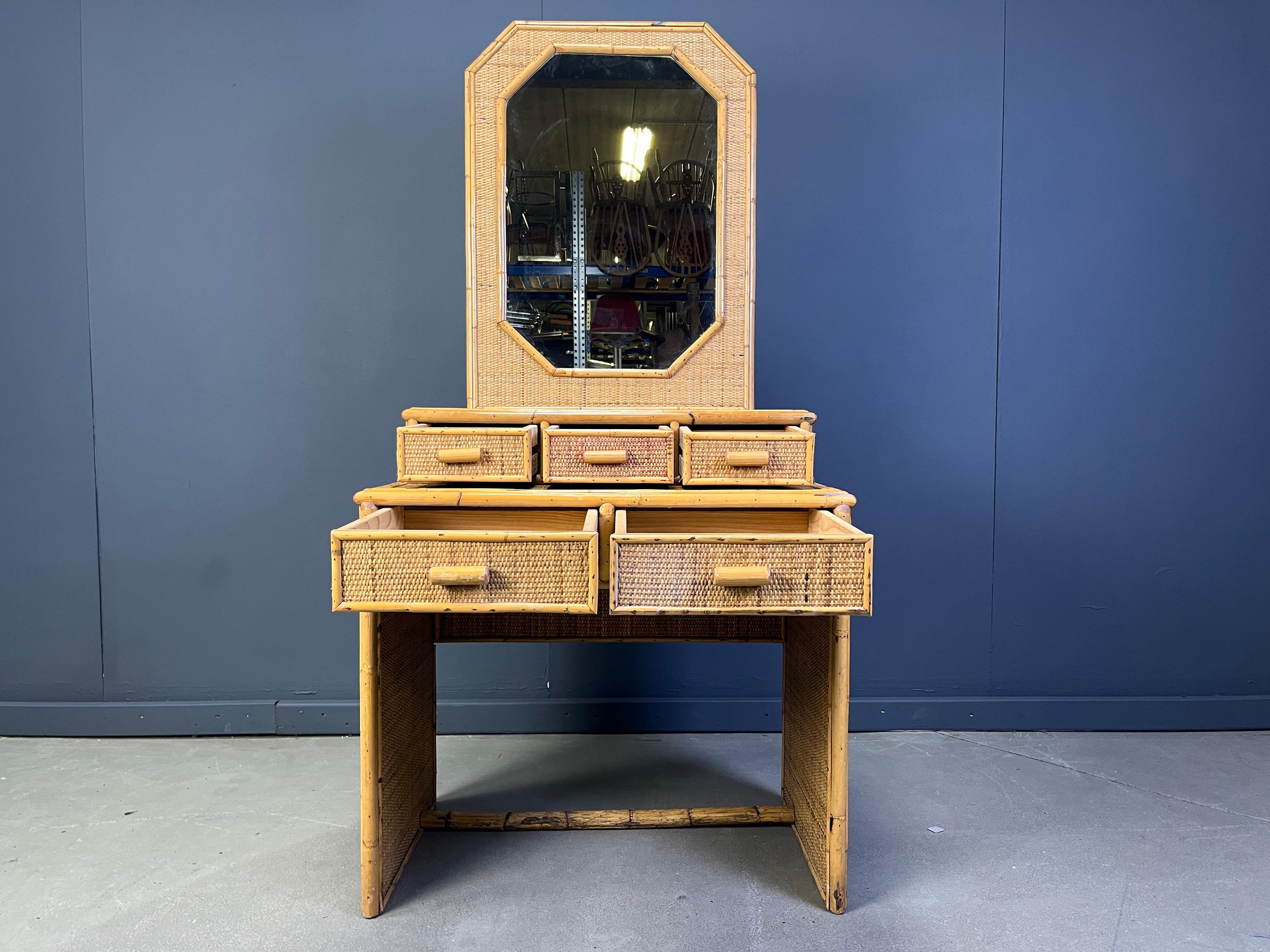 French Vintage french bamboo vanity table with mirror, 1960s For Sale