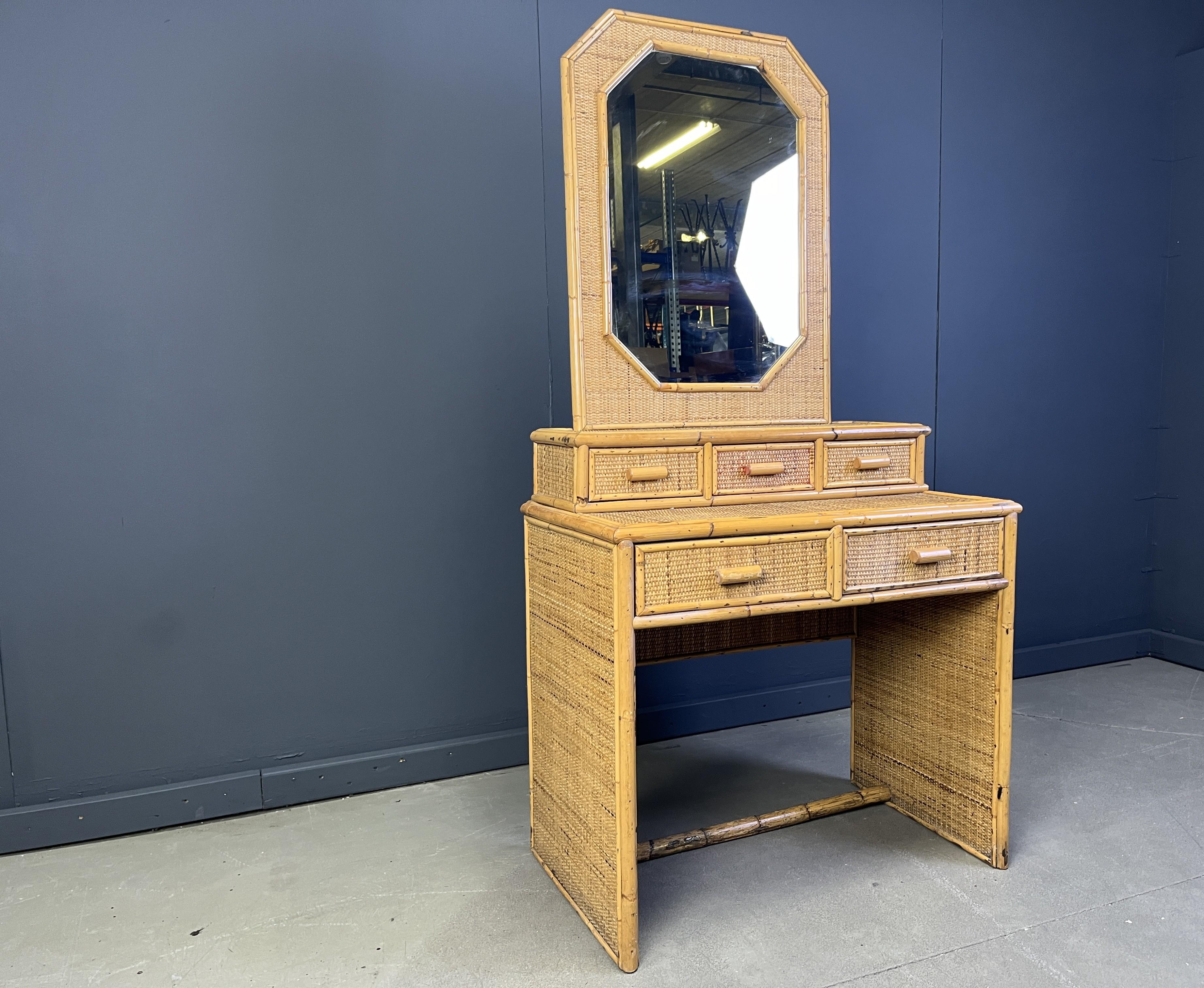 Mid-20th Century Vintage french bamboo vanity table with mirror, 1960s For Sale
