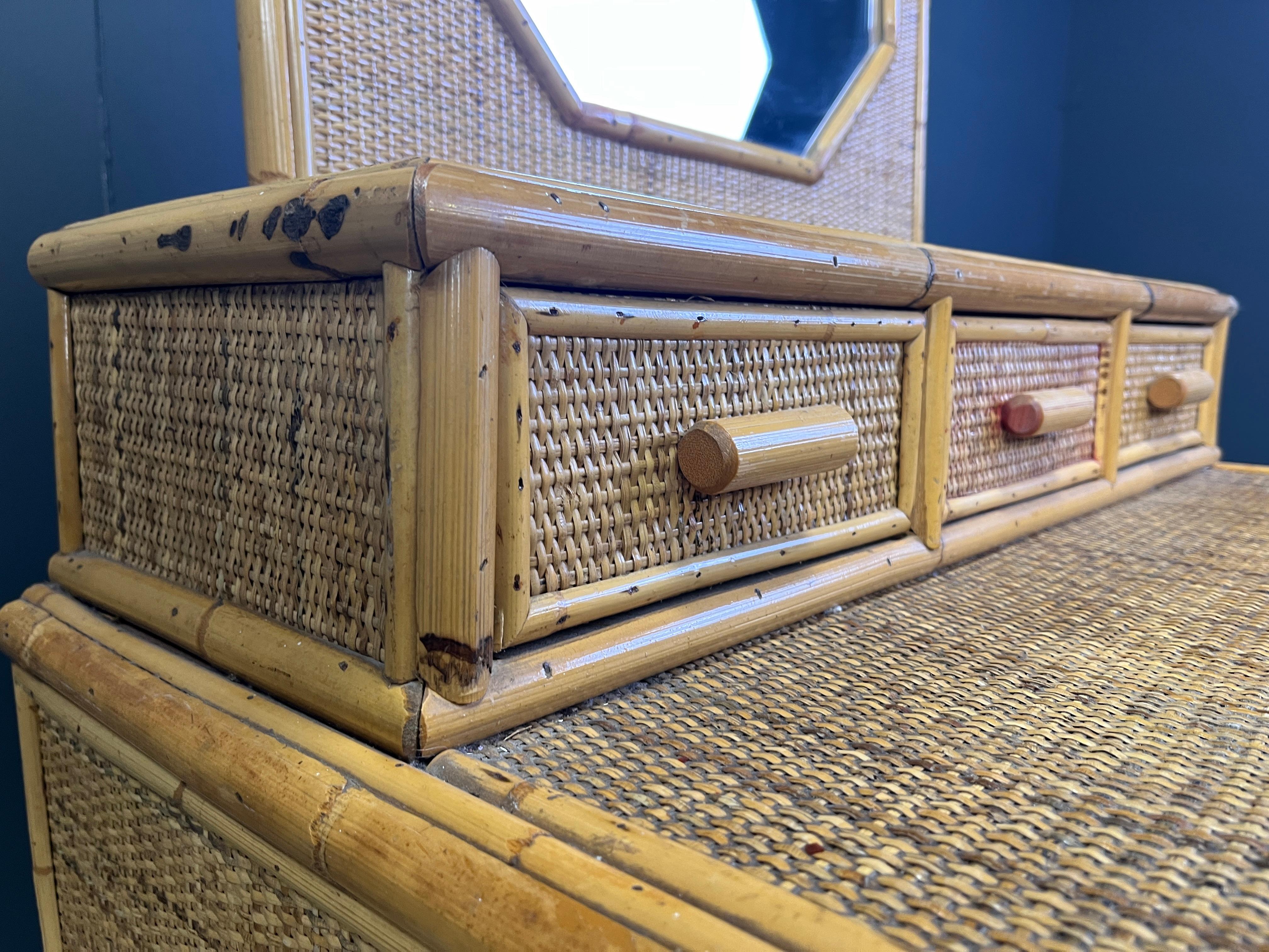 Vintage french bamboo vanity table with mirror, 1960s For Sale 1
