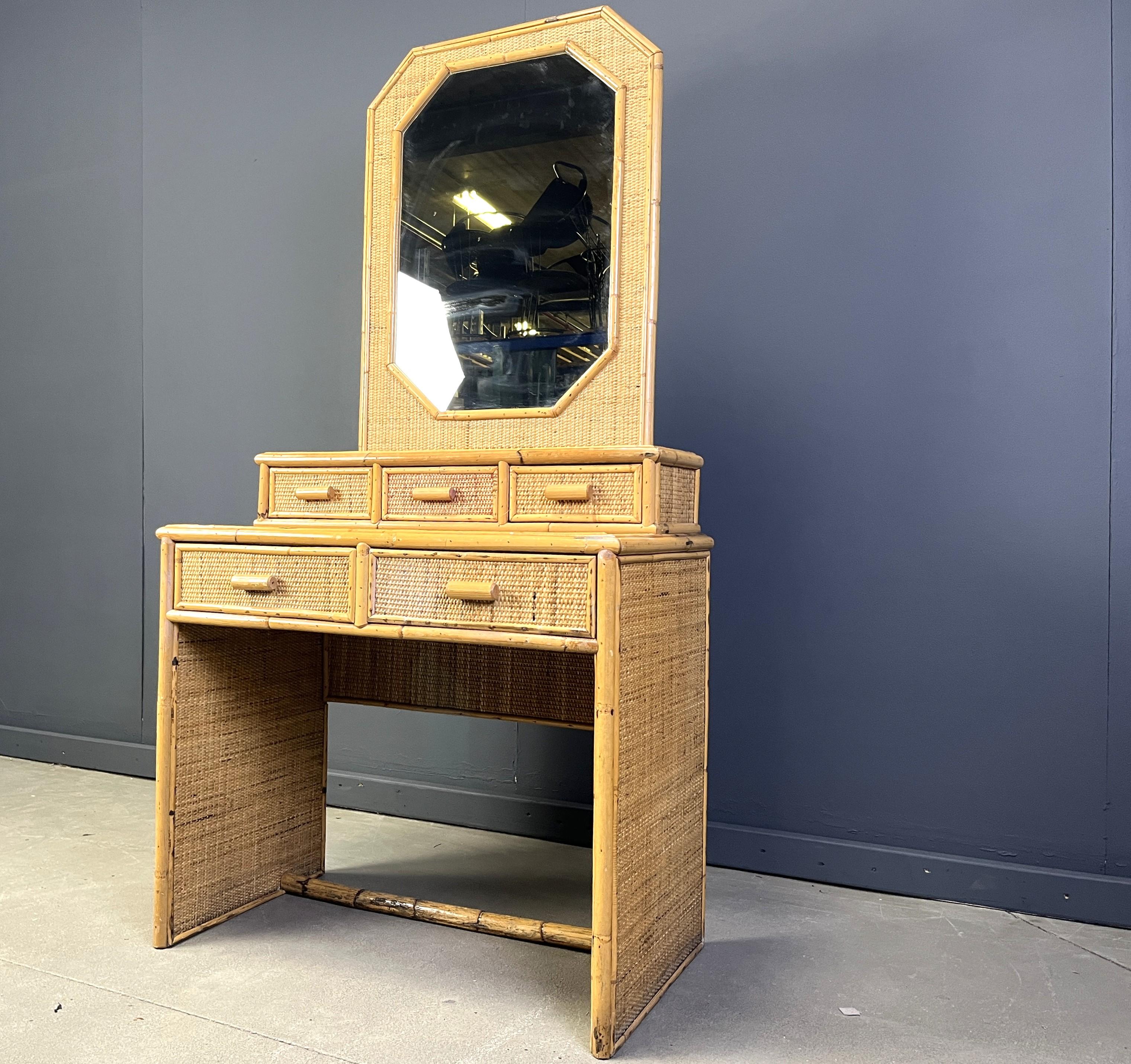 Vintage french bamboo vanity table with mirror, 1960s For Sale 2