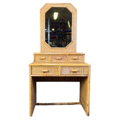 Vintage french bamboo vanity table with mirror, 1960s