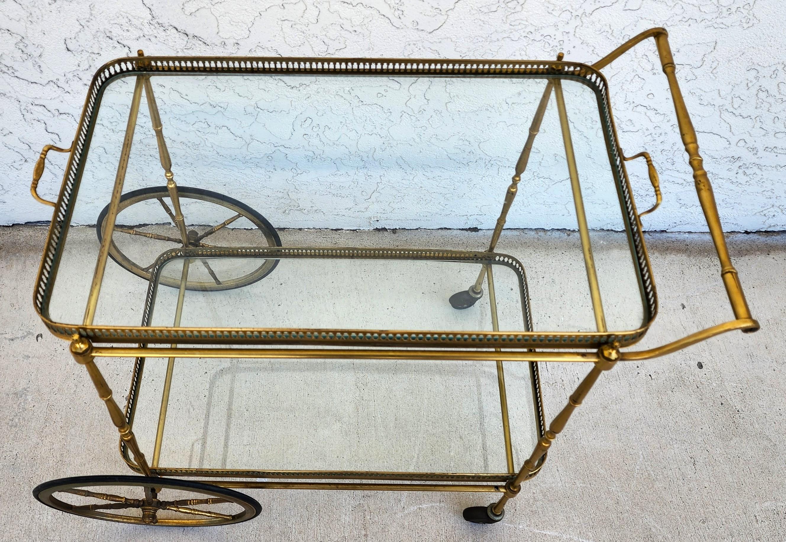 Brass Vintage French Bar Serving Tea Cart with Serving Tray For Sale